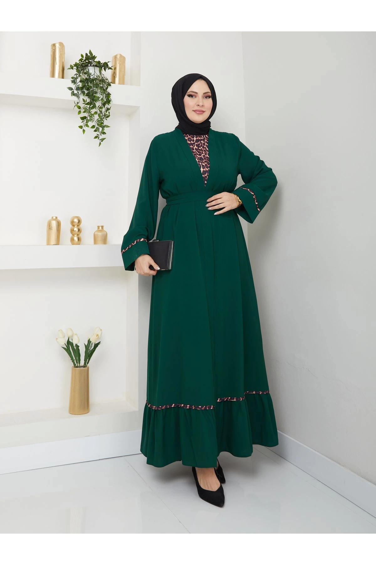 KADIN TESETTÜR LEOPAR ELBİSE İKİLİ ABAYA TAKIM ZÜMRÜT
