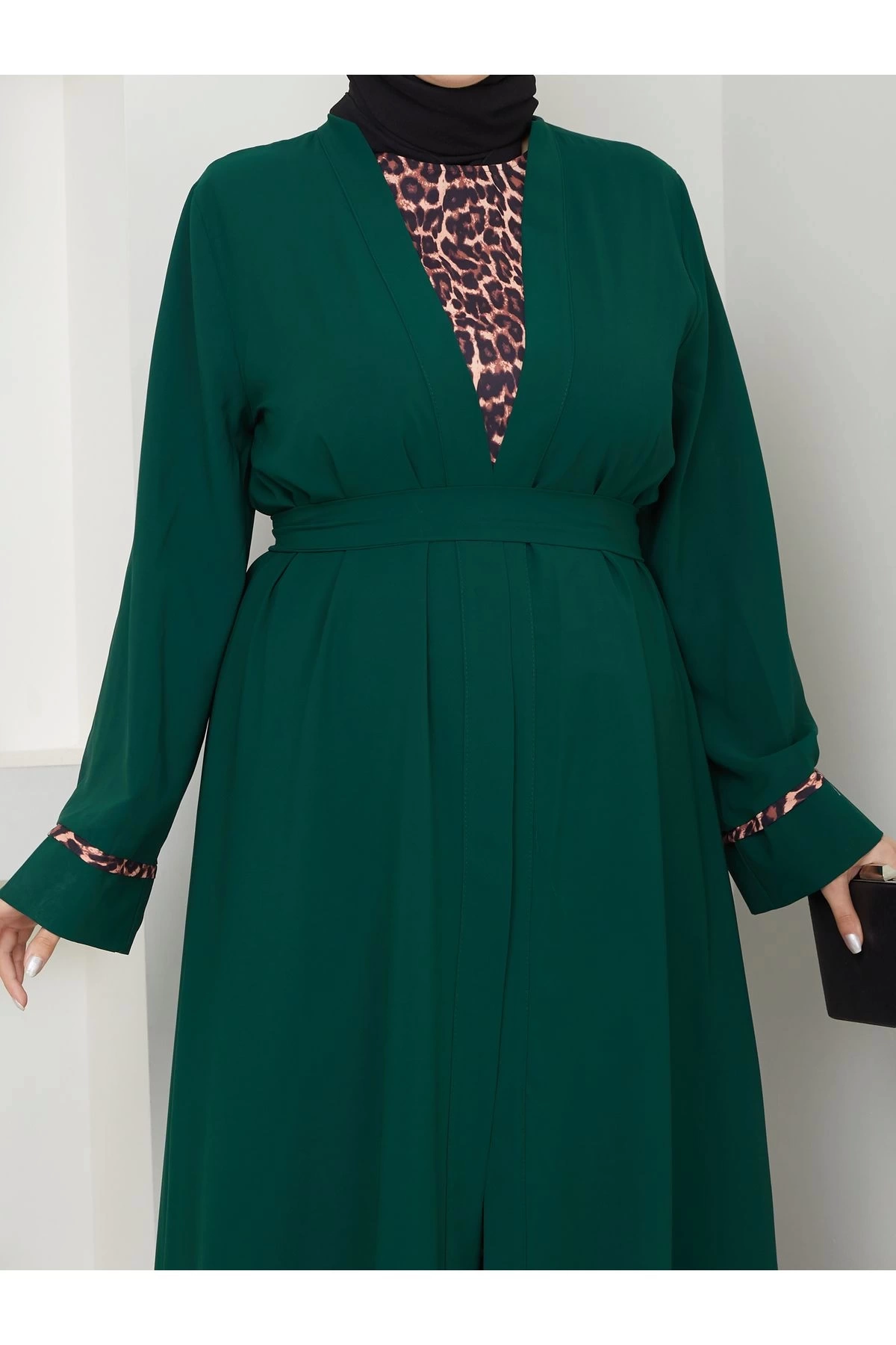 KADIN TESETTÜR LEOPAR ELBİSE İKİLİ ABAYA TAKIM ZÜMRÜT