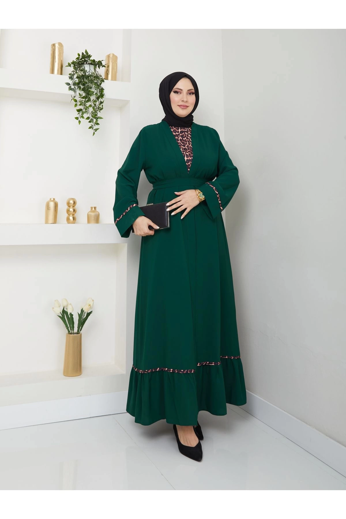 KADIN TESETTÜR LEOPAR ELBİSE İKİLİ ABAYA TAKIM ZÜMRÜT