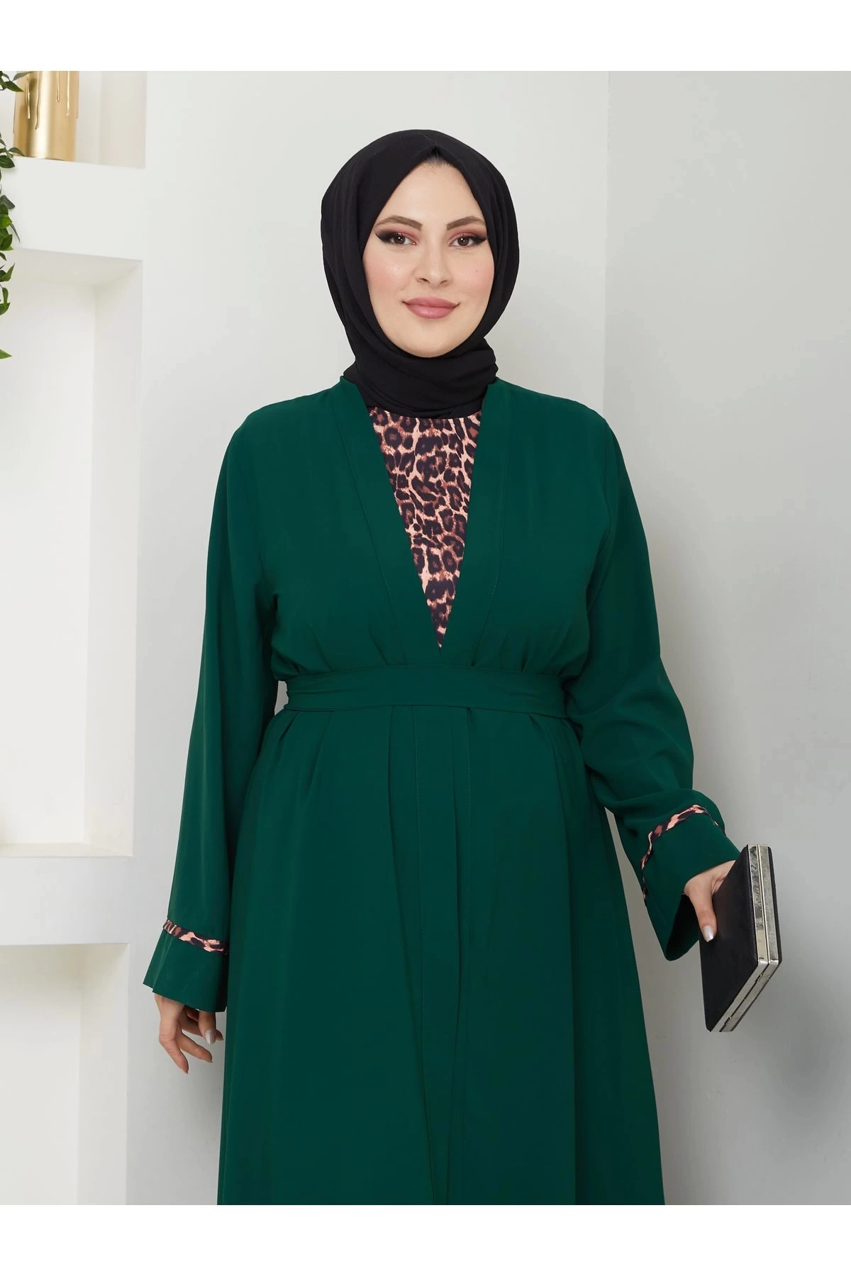 KADIN TESETTÜR LEOPAR ELBİSE İKİLİ ABAYA TAKIM ZÜMRÜT