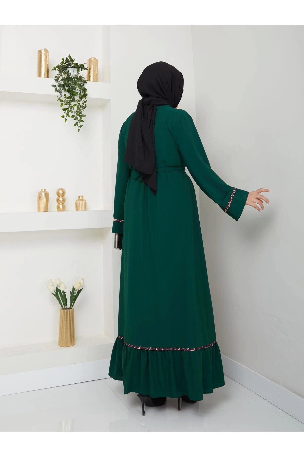 KADIN TESETTÜR LEOPAR ELBİSE İKİLİ ABAYA TAKIM ZÜMRÜT