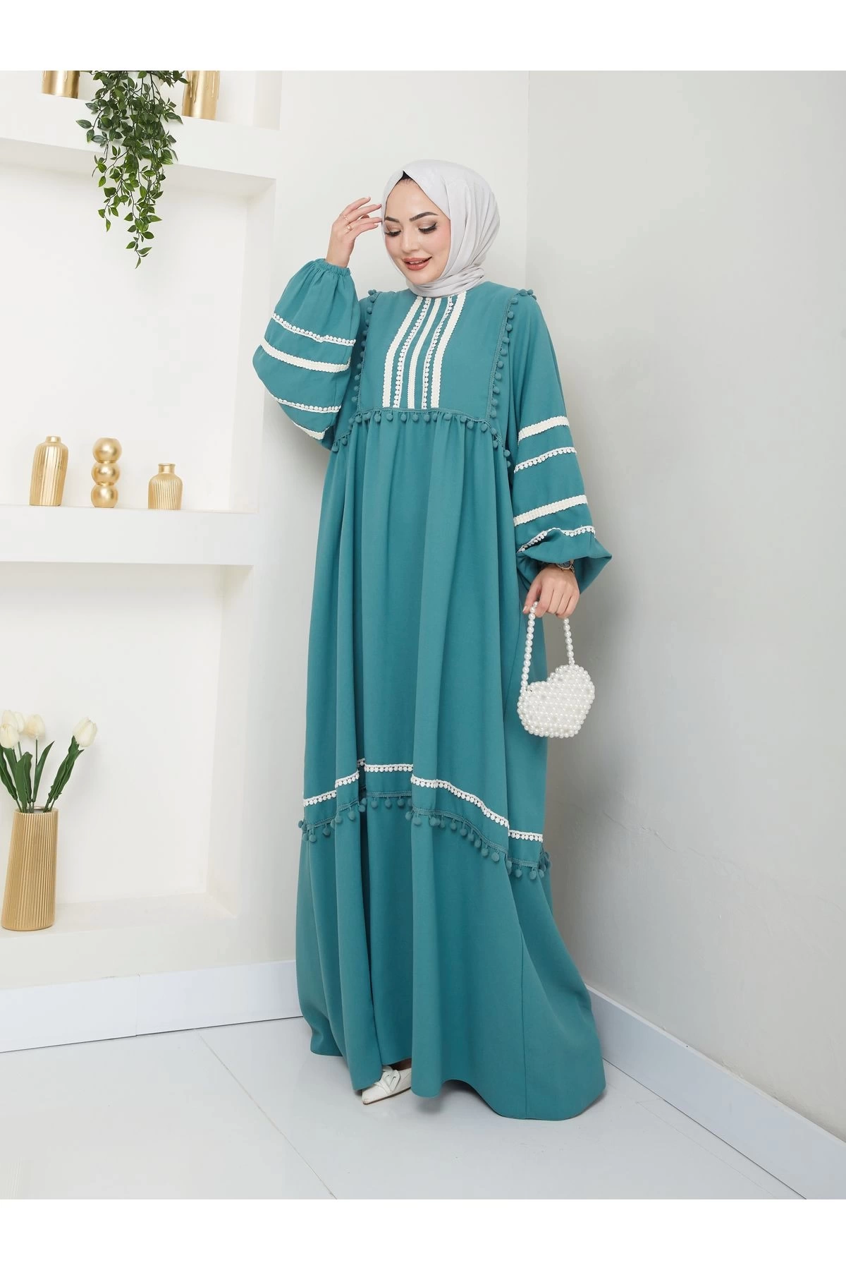KADIN TESETTÜR DANTELLİ ŞERİT ELBİSE MİNT