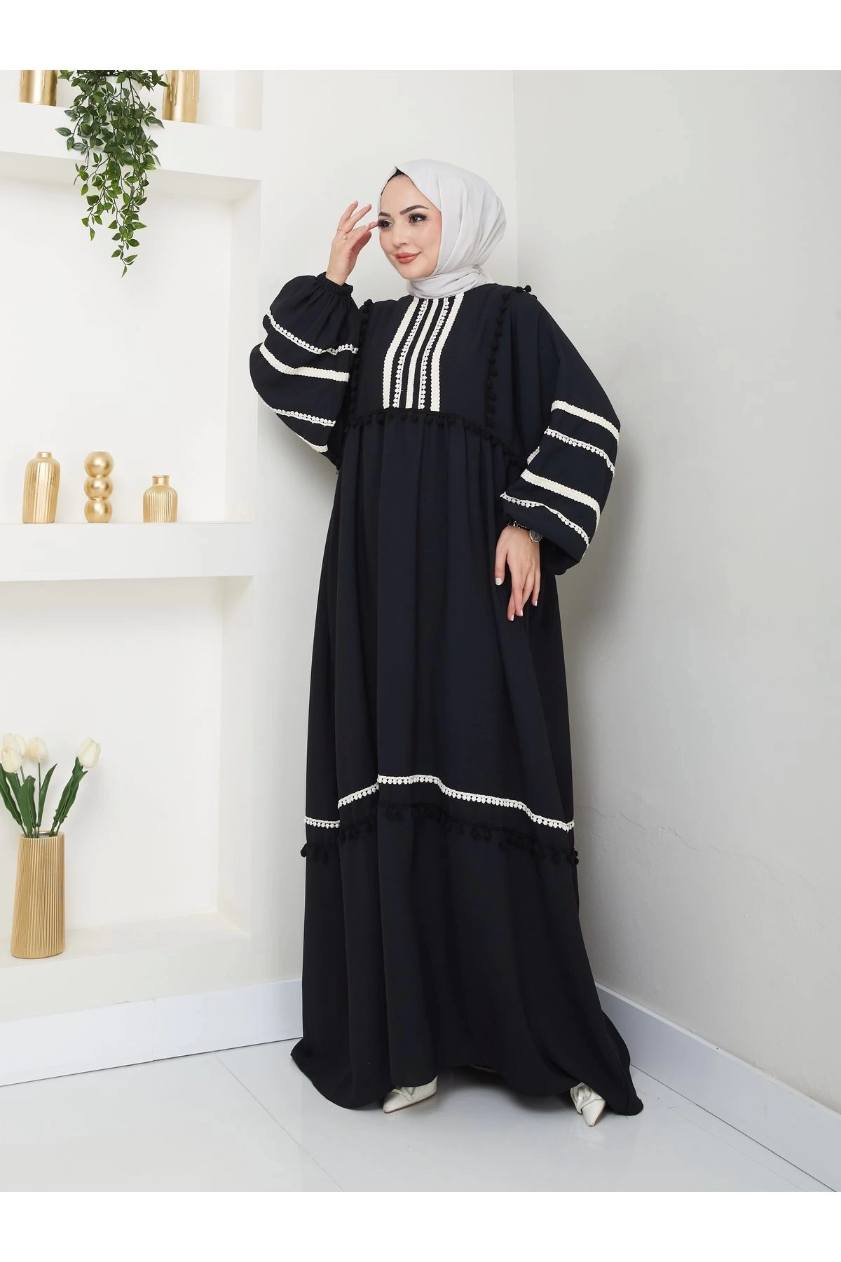 KADIN TESETTÜR DANTELLİ ŞERİT ELBİSE SİYAH