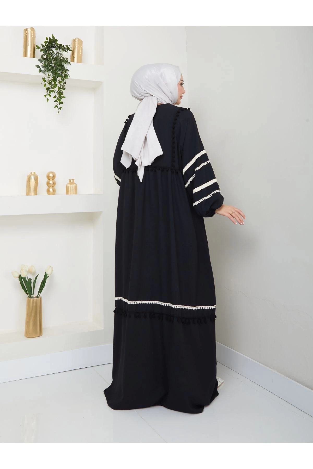 KADIN TESETTÜR DANTELLİ ŞERİT ELBİSE SİYAH