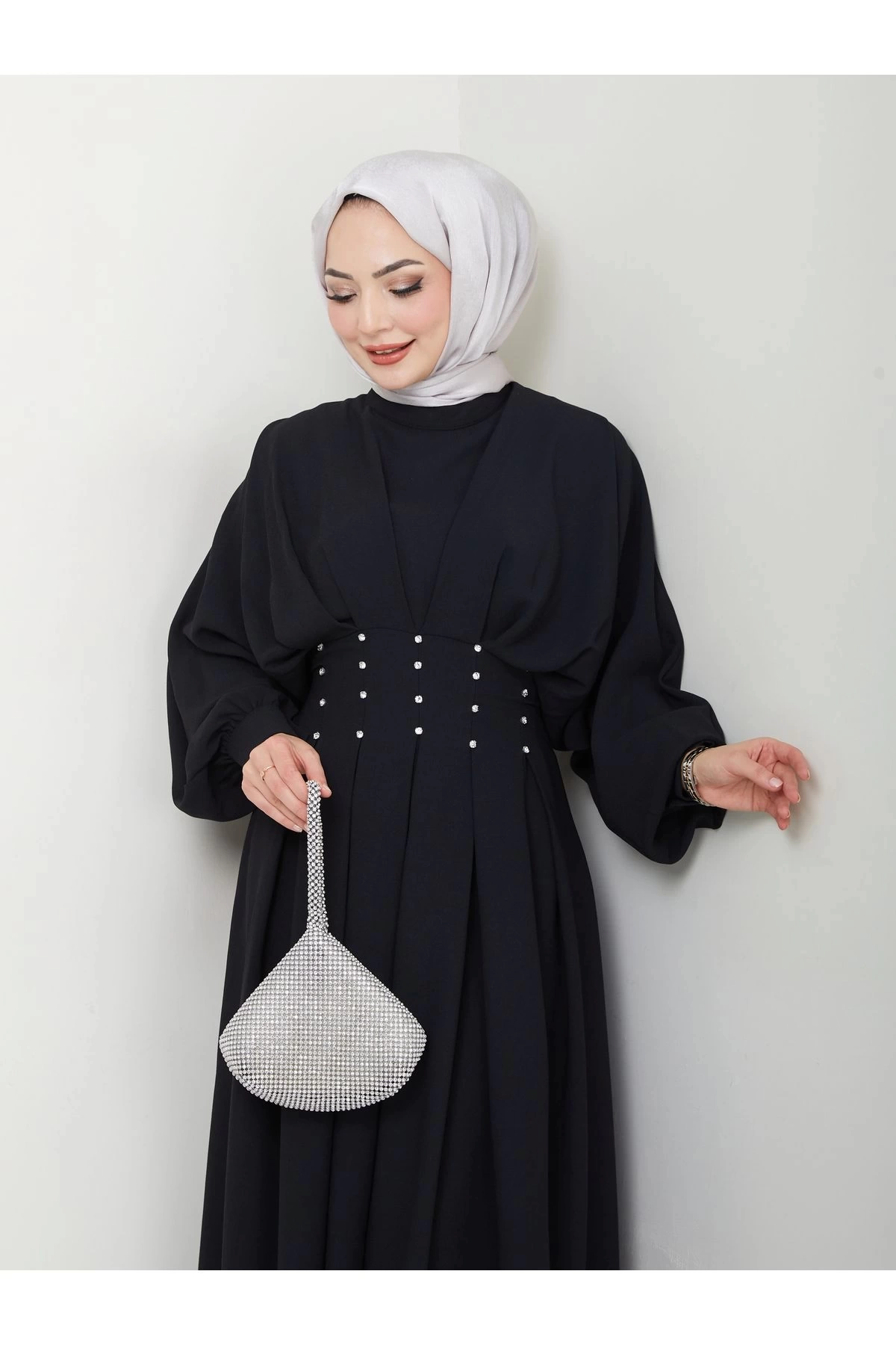 KADIN TESETTÜR TAŞLİ ELBİSE SİYAH
