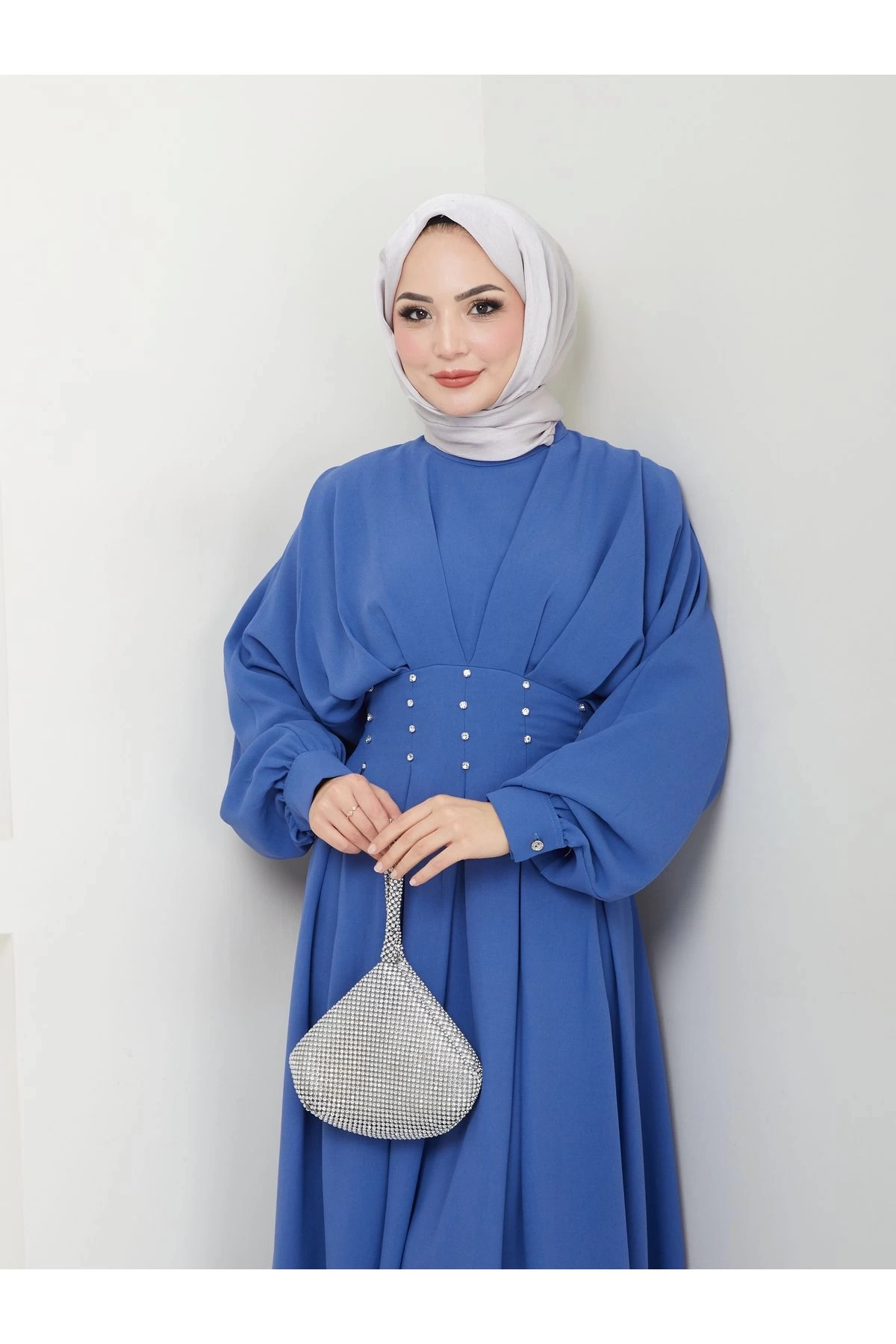 KADIN TESETTÜR TAŞLİ ELBİSE MAVİ