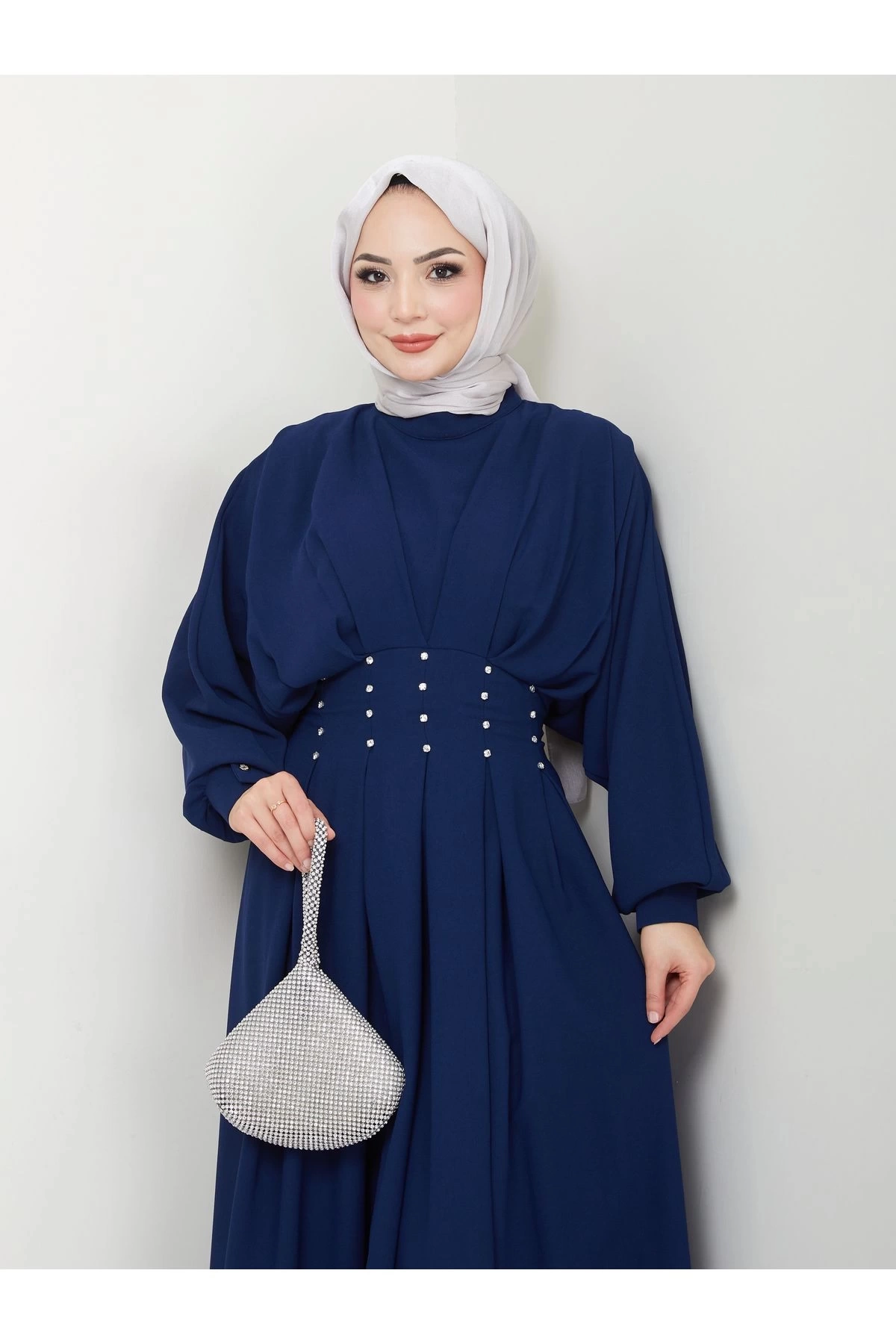 KADIN TESETTÜR TAŞLİ ELBİSE LACİVERT