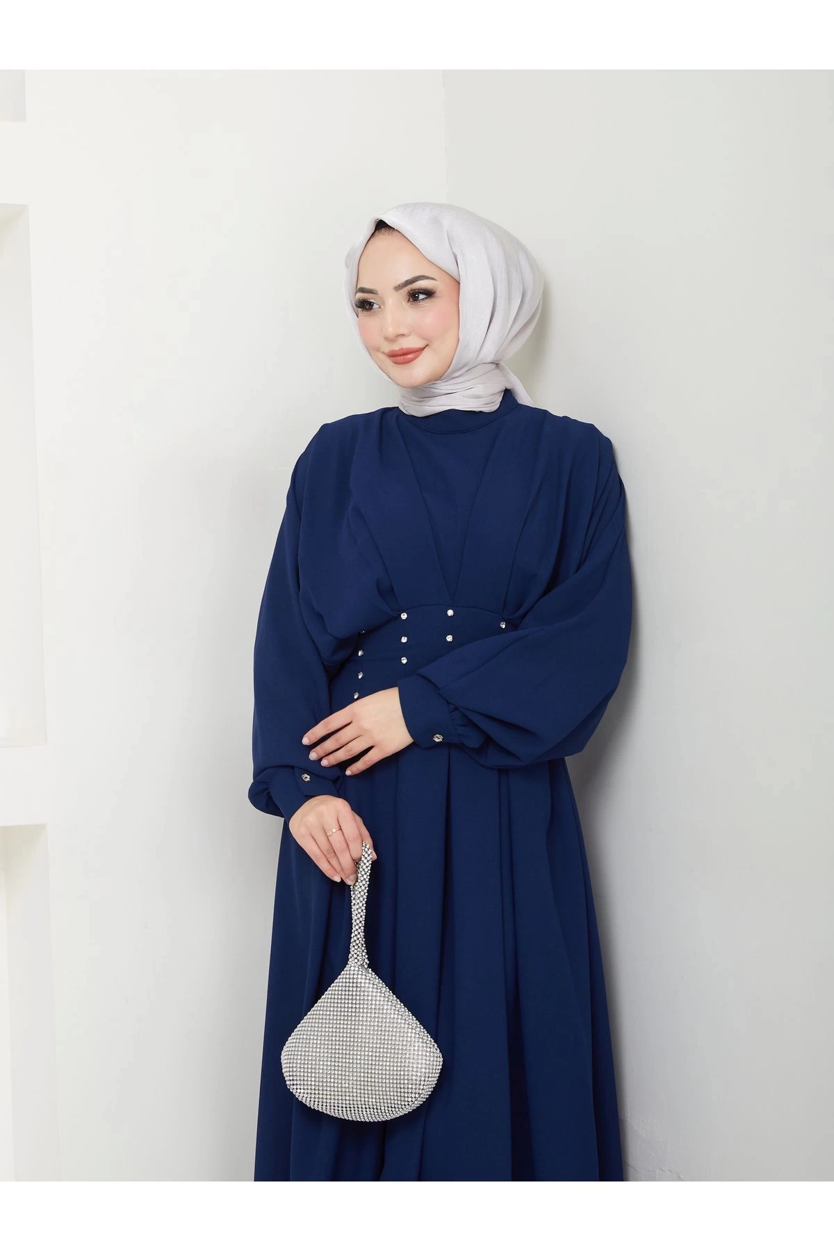 KADIN TESETTÜR TAŞLİ ELBİSE LACİVERT