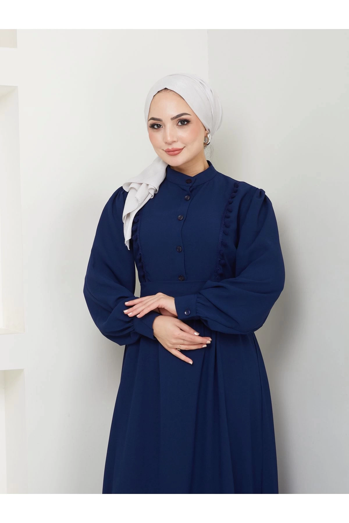 KADIN TESETTÜR DANTELLİ ŞERİT ELBİSE LACİVERT