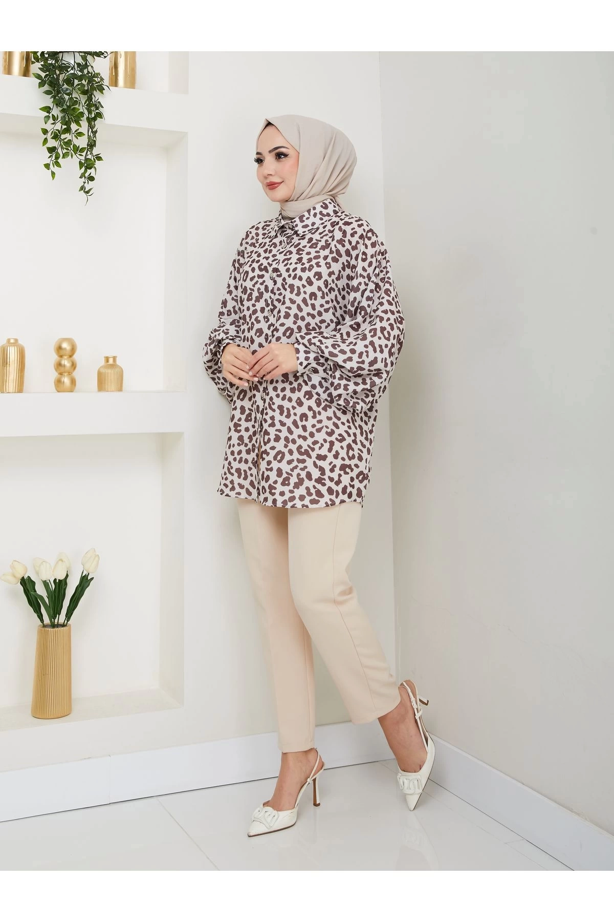 LEOPAR DESENLİ JESİCA GÖMLEK STANDERT BEDEN UZUN KOL 2508 KAHVE