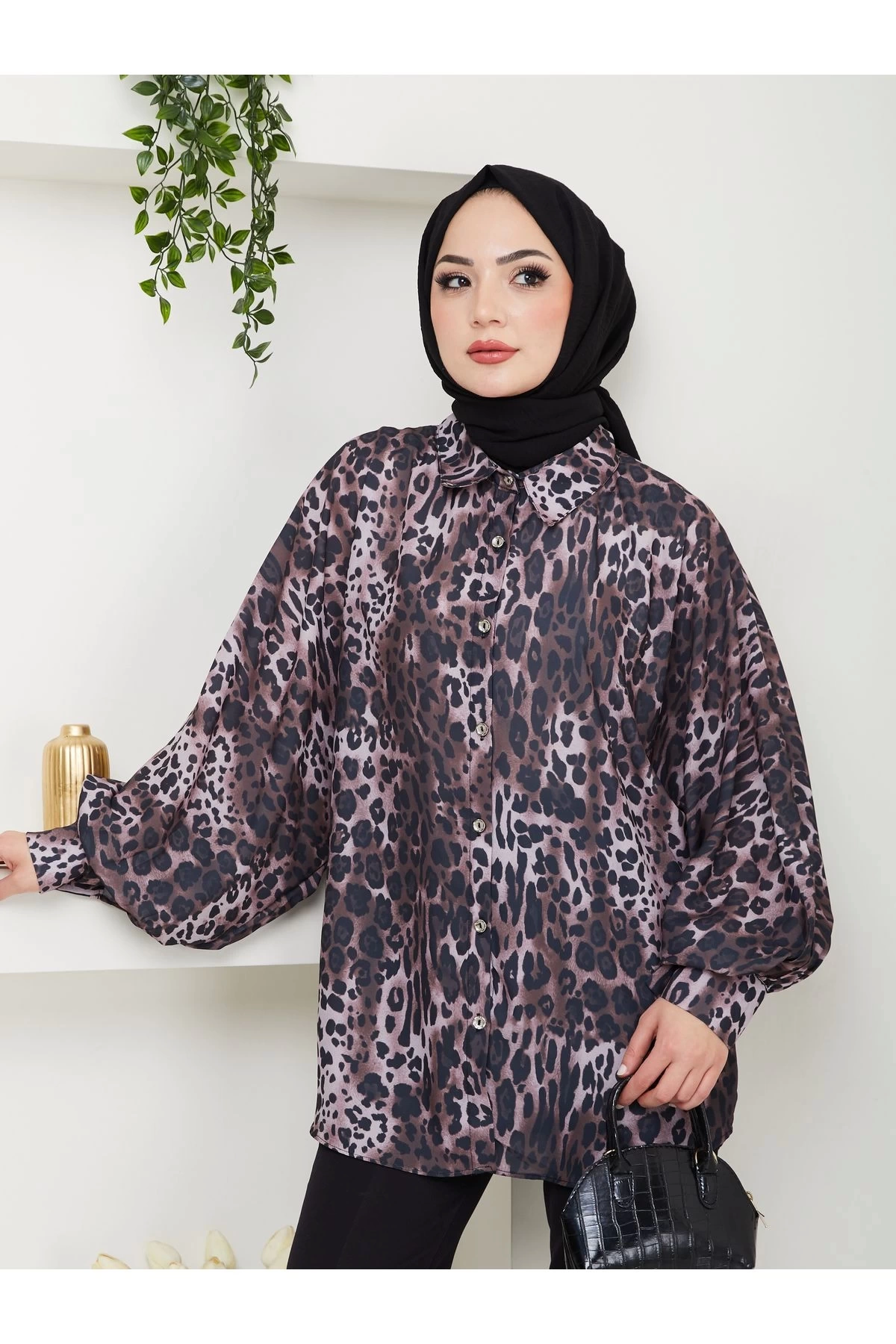 LEOPAR DESENLİ JESİCA GÖMLEK UZUN KOL KOYU KAHVE  BEDEN: 38