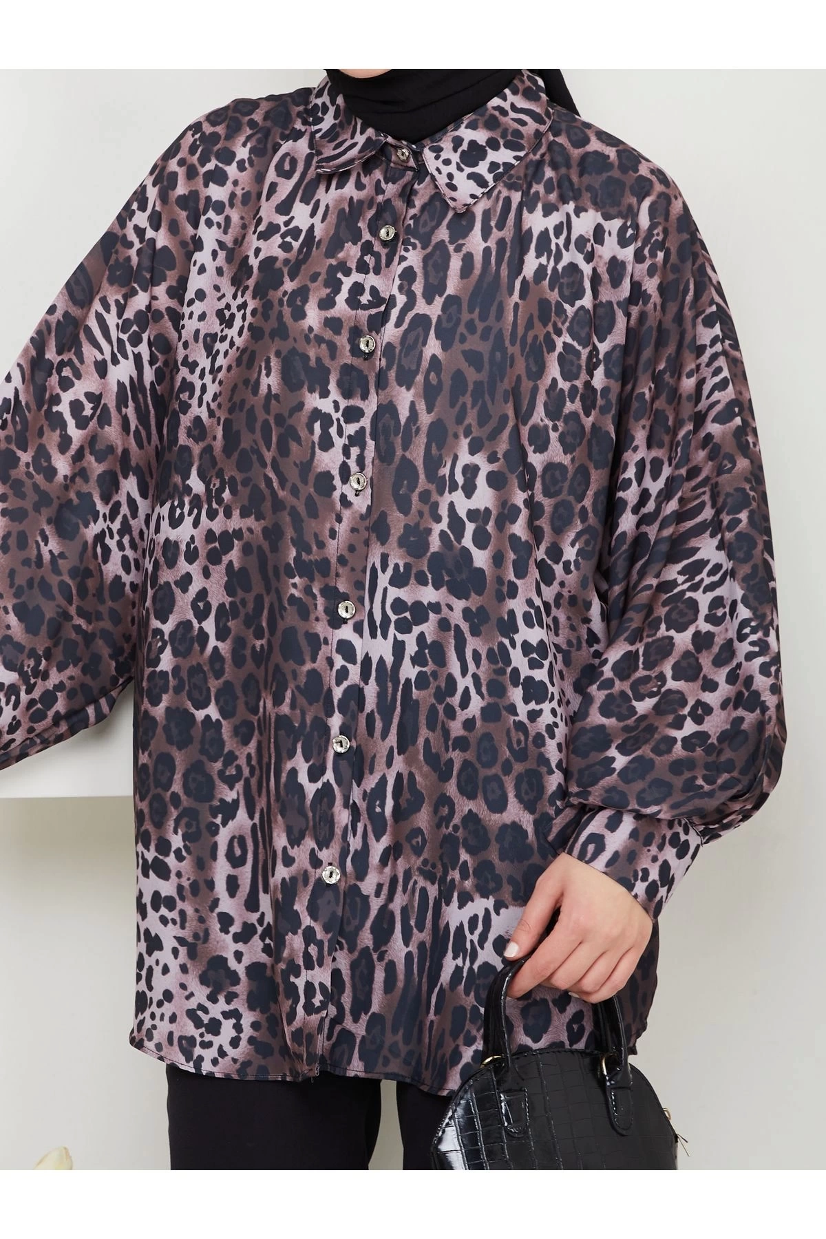 LEOPAR DESENLİ JESİCA GÖMLEK UZUN KOL KOYU KAHVE  BEDEN: 38