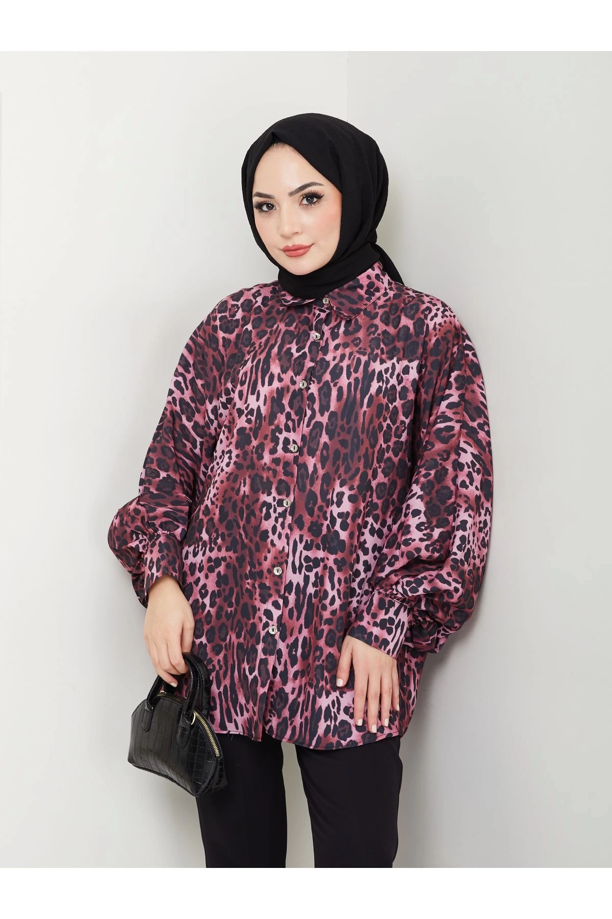 LEOPAR DESENLİ JESİCA GÖMLEK STANDERT BEDEN UZUN KOL 2508 KOYU BORDO