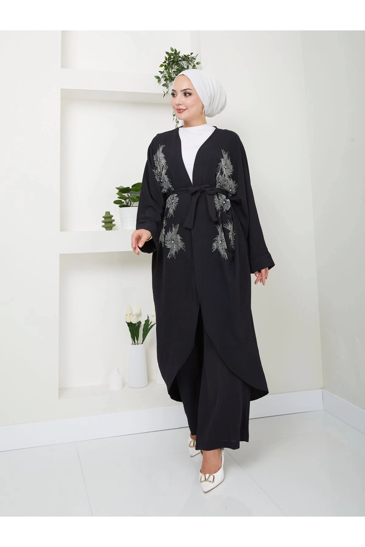 TAŞLİ KİMONO AYROBİN TESETTÜR TAKIM 634 SİYAH