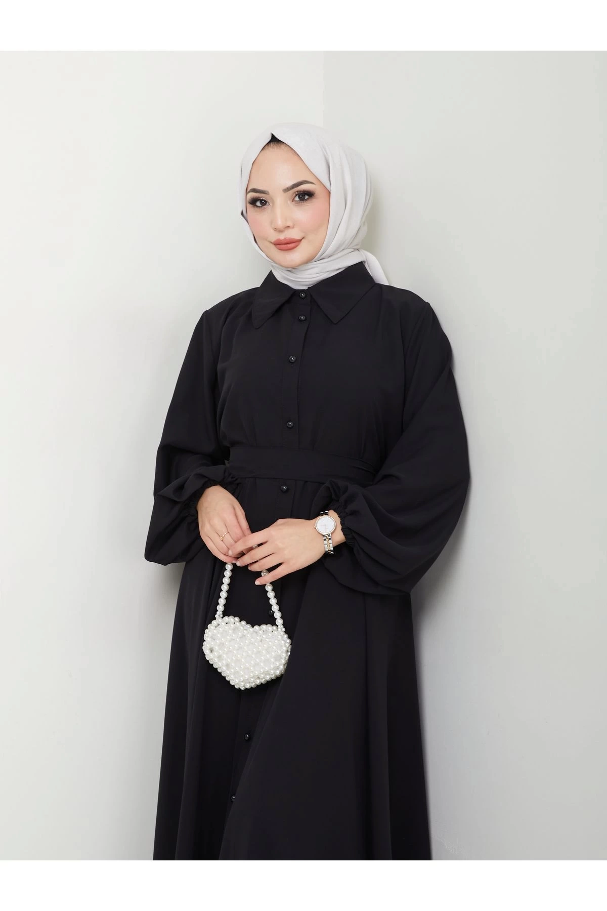 GÖMLEK YAKA ELBİSE KUŞAKLI FULL DÜĞME KAPAMA 2401 SİYAH