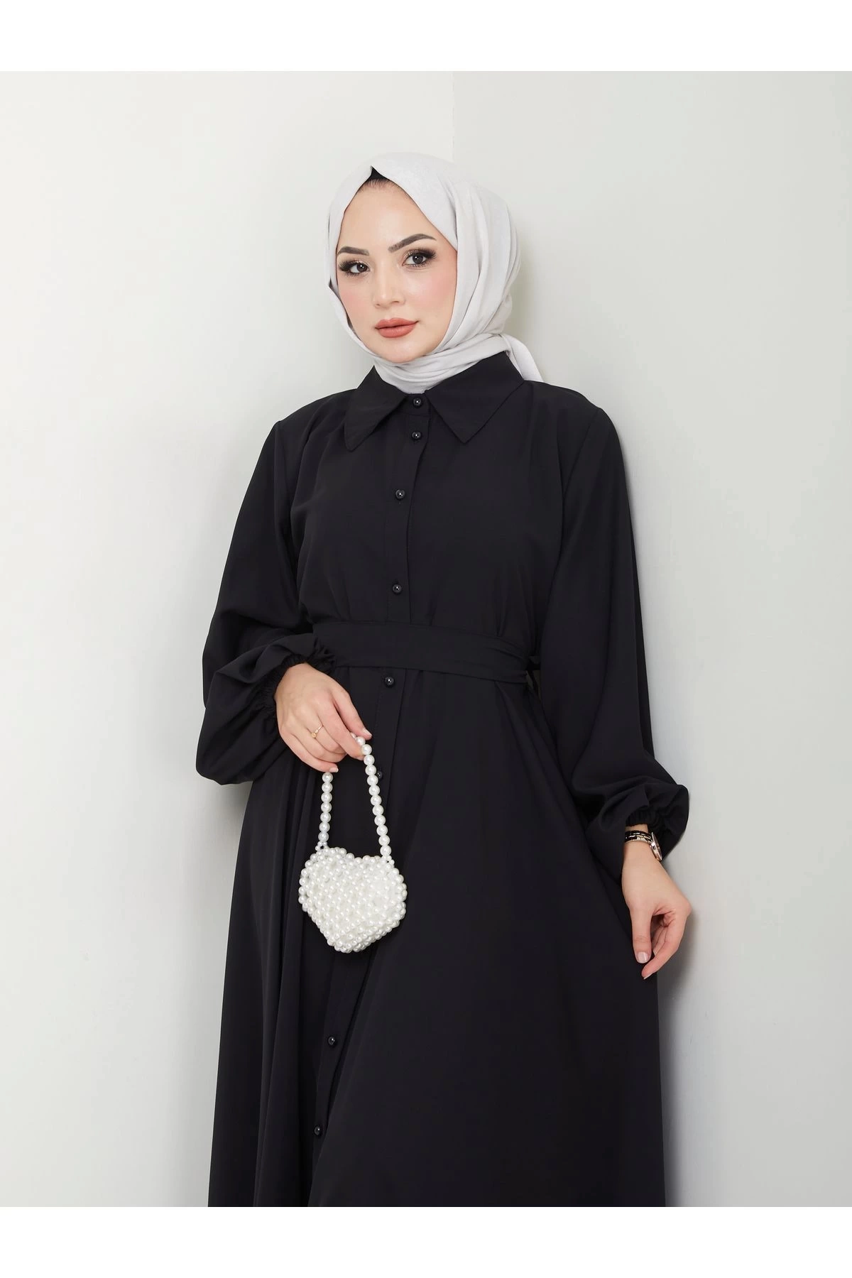 GÖMLEK YAKA ELBİSE KUŞAKLI FULL DÜĞME KAPAMA 2401 SİYAH