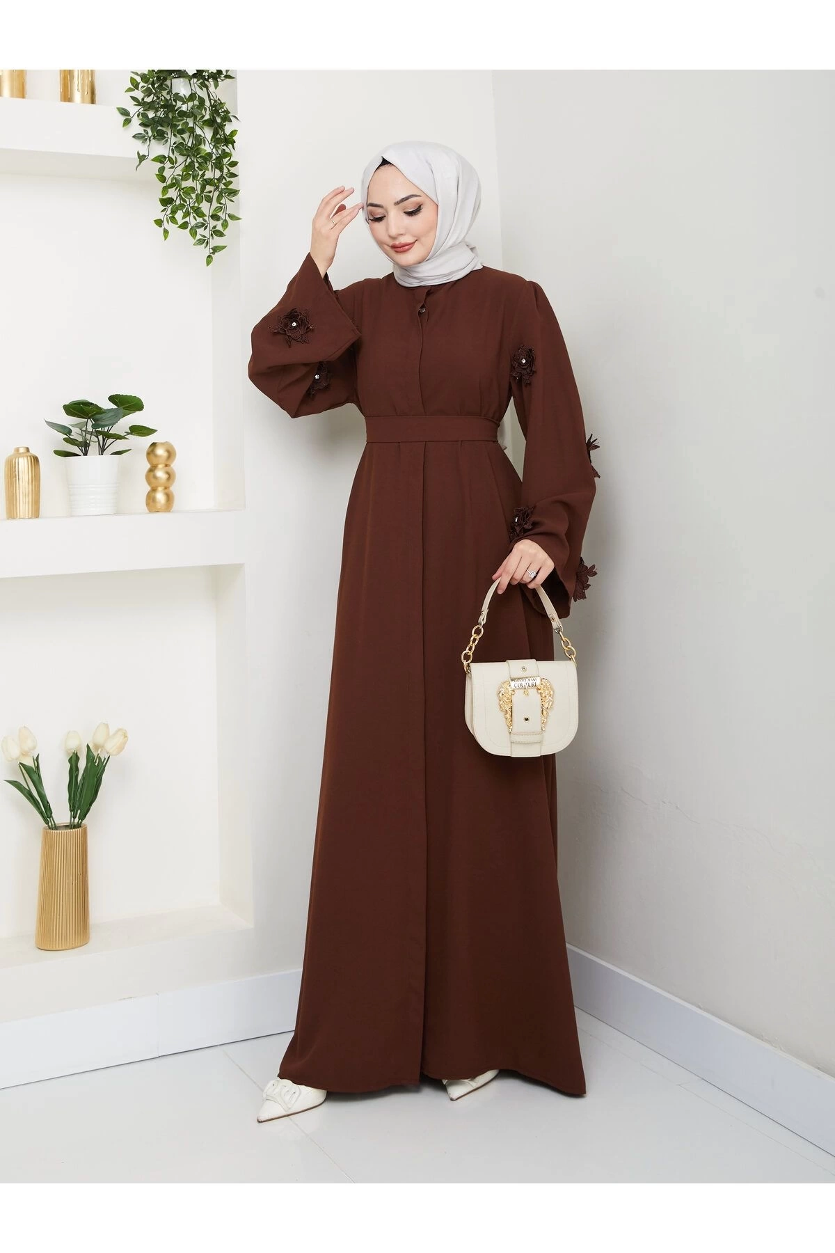 KOLU GÜL DANTELLİ DETAYLI ABAYA TESETTÜR GIYIM KADIN FERACE ELBISE 5007 KAHVE