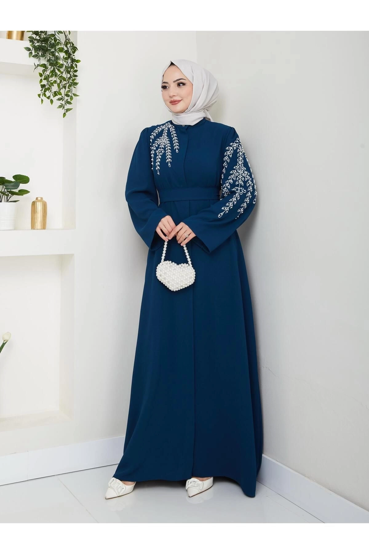 TAŞLİ ABAYA TESETTÜR GIYIM KADIN FERACE ELBISE İNDİGO