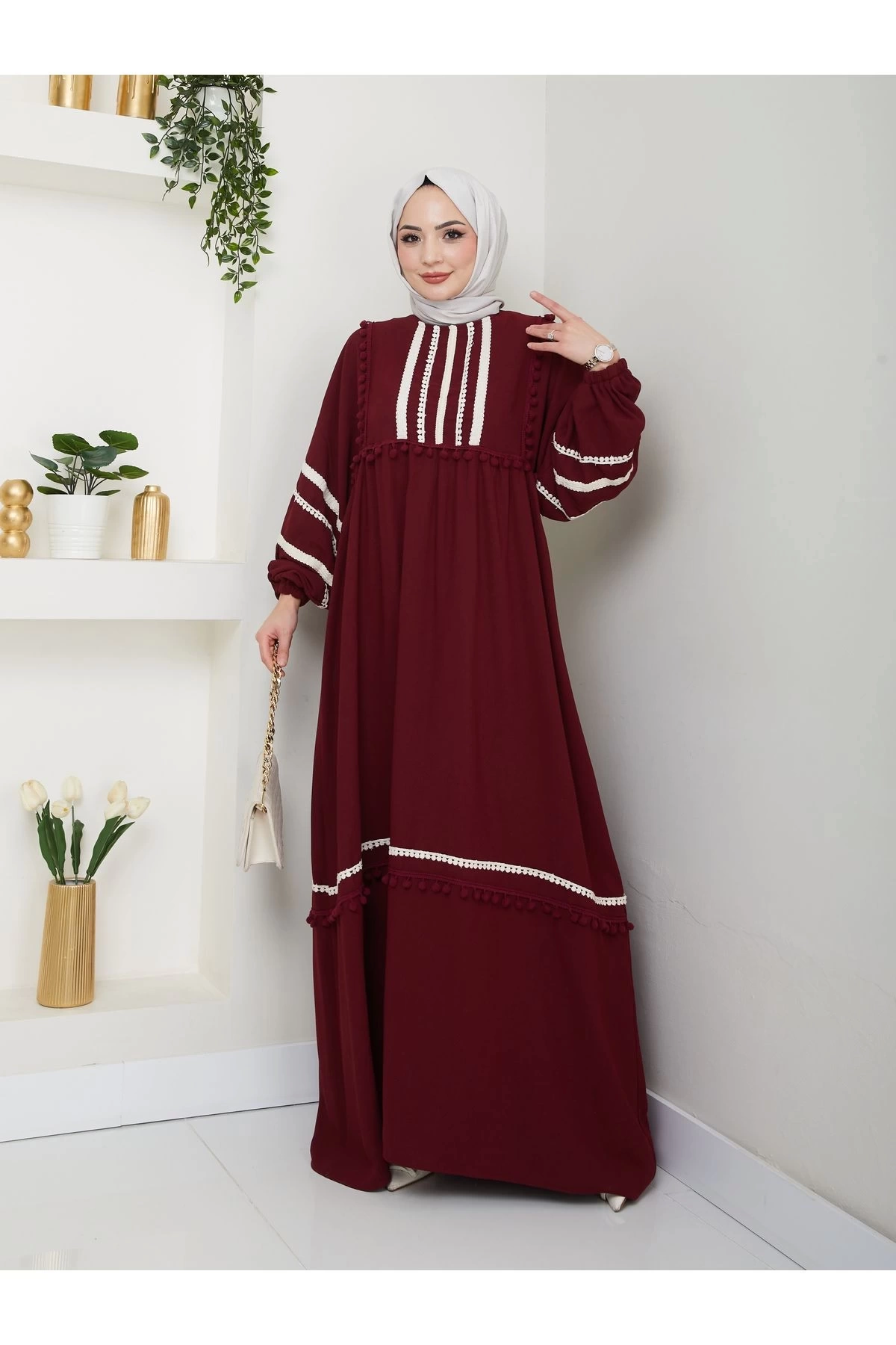 KADIN TESETTÜR DANTELLİ ŞERİT ELBİSE BORDO 681