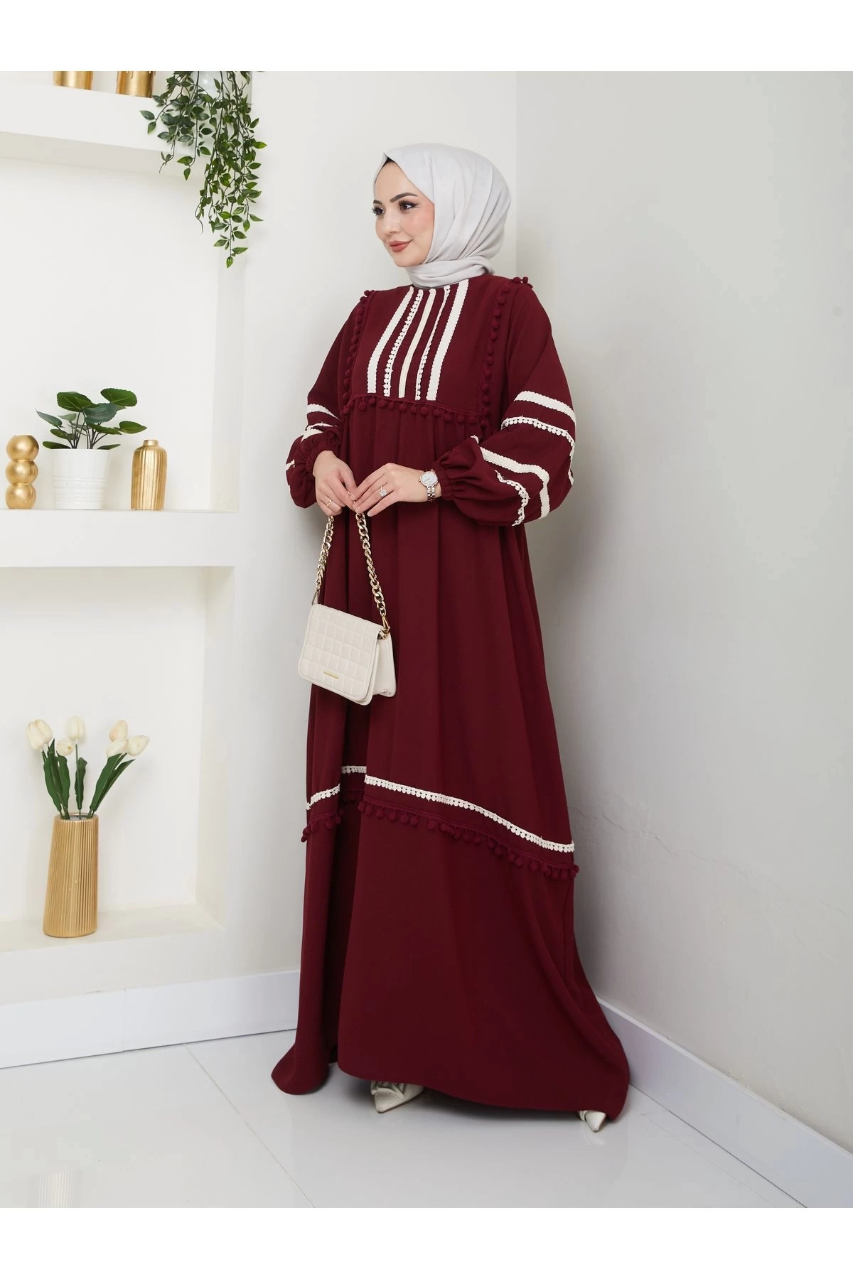 KADIN TESETTÜR DANTELLİ ŞERİT ELBİSE BORDO 681