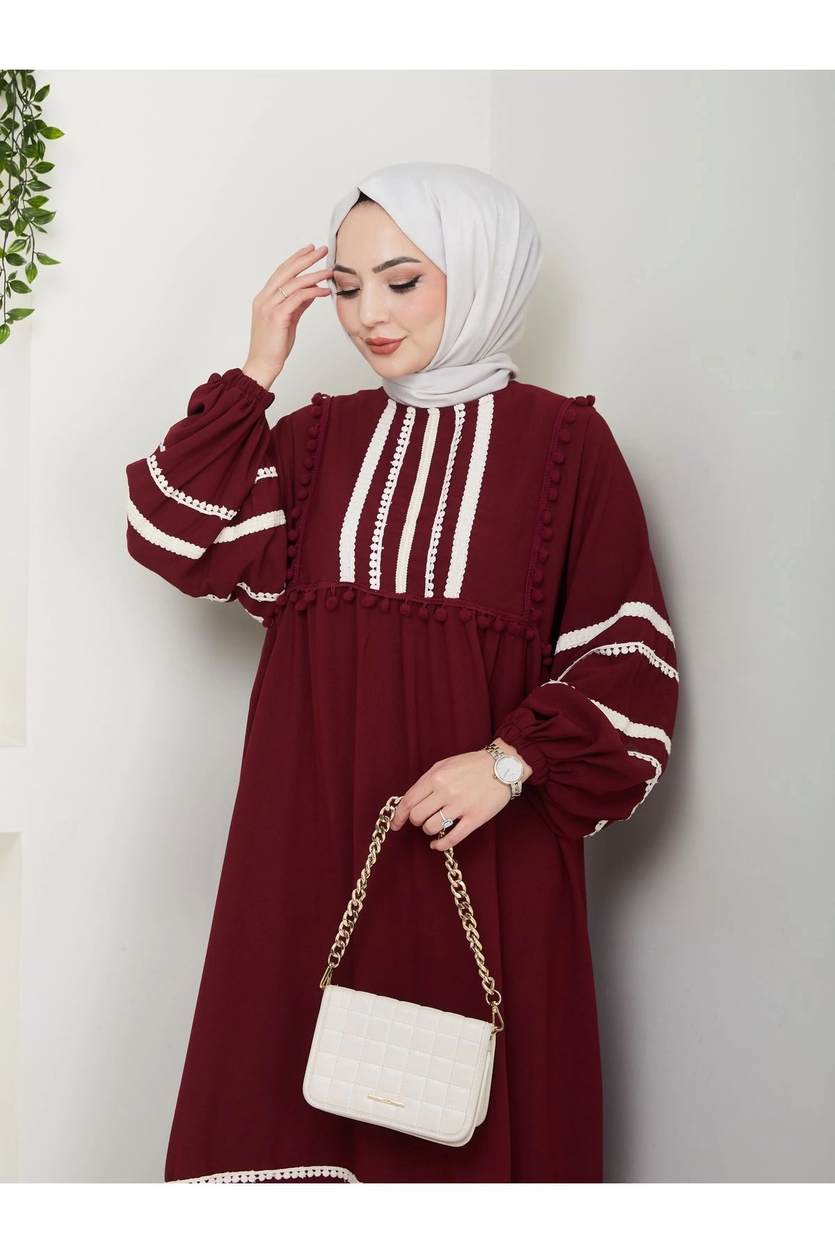 KADIN TESETTÜR DANTELLİ ŞERİT ELBİSE BORDO 681