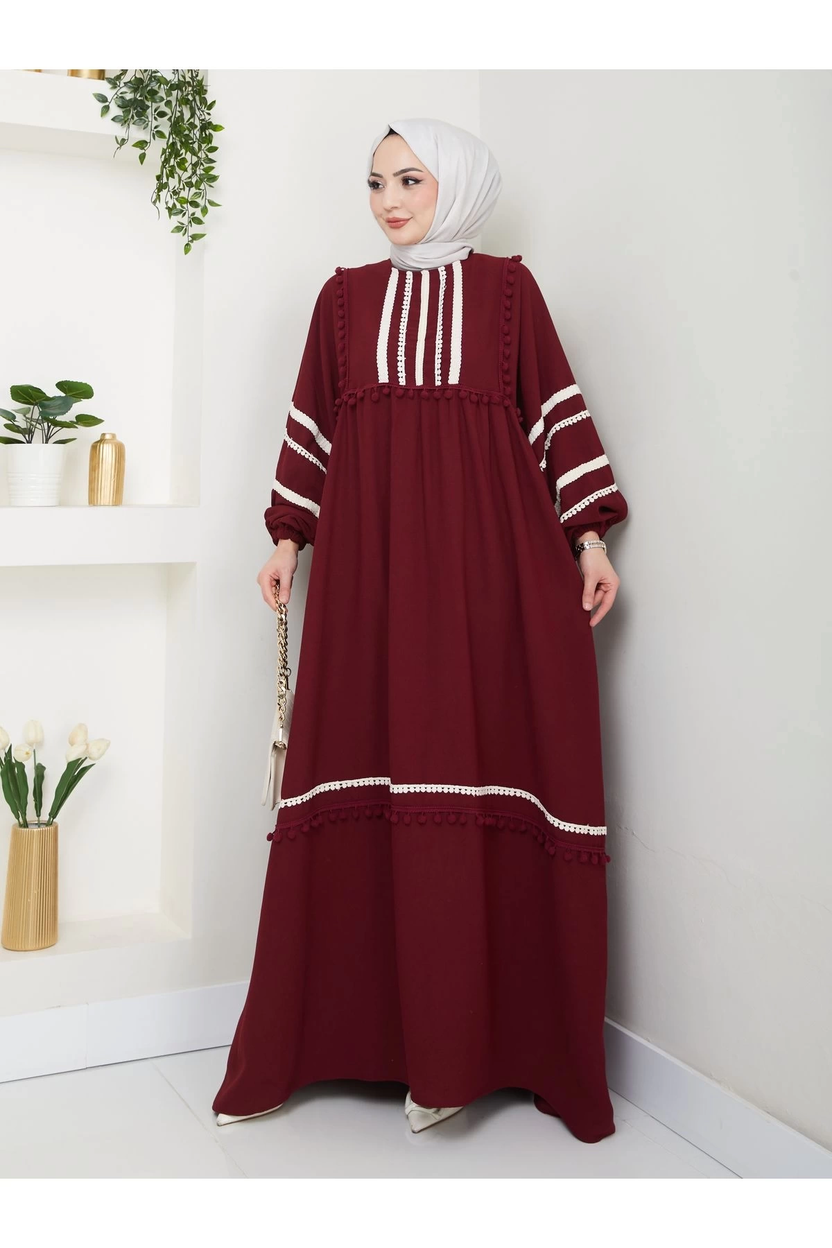 KADIN TESETTÜR DANTELLİ ŞERİT ELBİSE BORDO 681