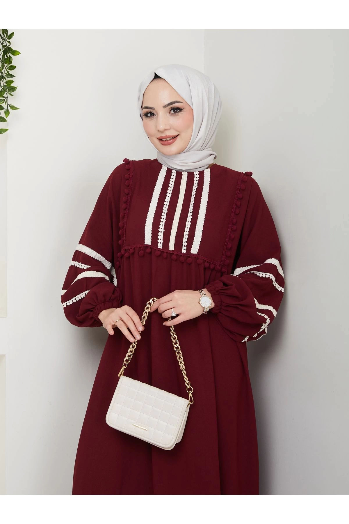KADIN TESETTÜR DANTELLİ ŞERİT ELBİSE BORDO 681