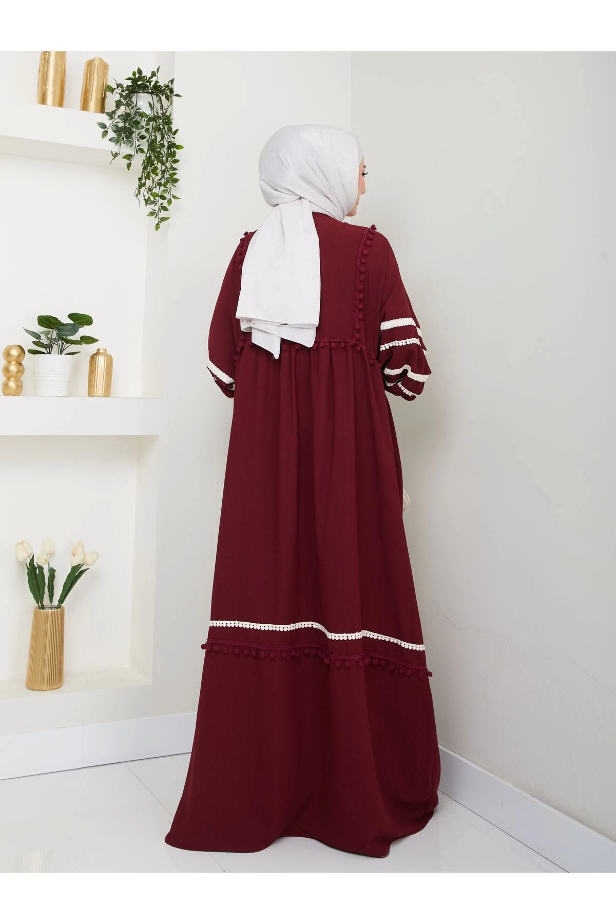 KADIN TESETTÜR DANTELLİ ŞERİT ELBİSE BORDO 681