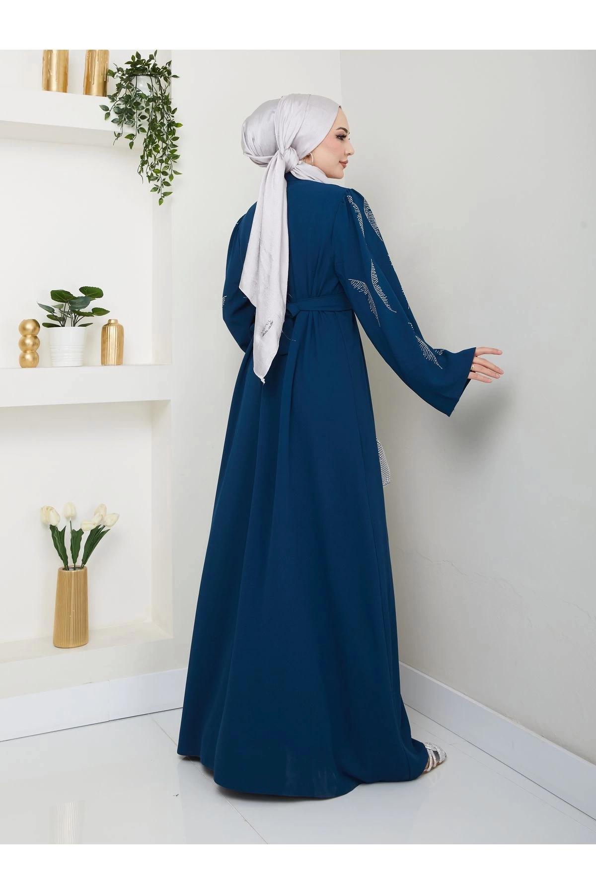 TAŞLİ ABAYA TESETTÜR GIYIM KADIN FERACE ELBISE İNDİGO