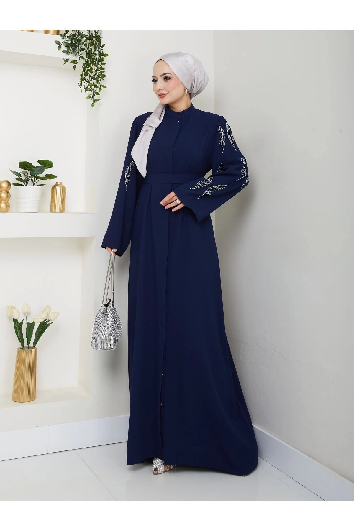 Taşli̇ Abaya Tesettür Giyim Kadin Ferace Elbise Laci̇vert