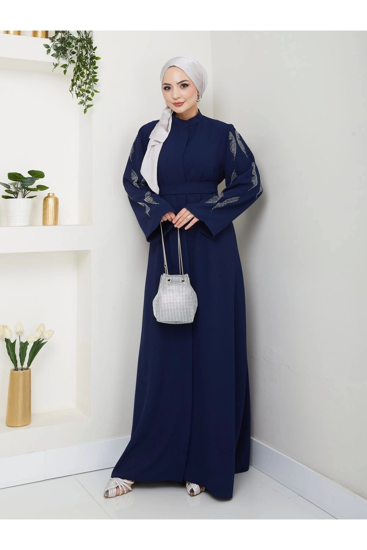 Taşli̇ Abaya Tesettür Giyim Kadin Ferace Elbise Laci̇vert