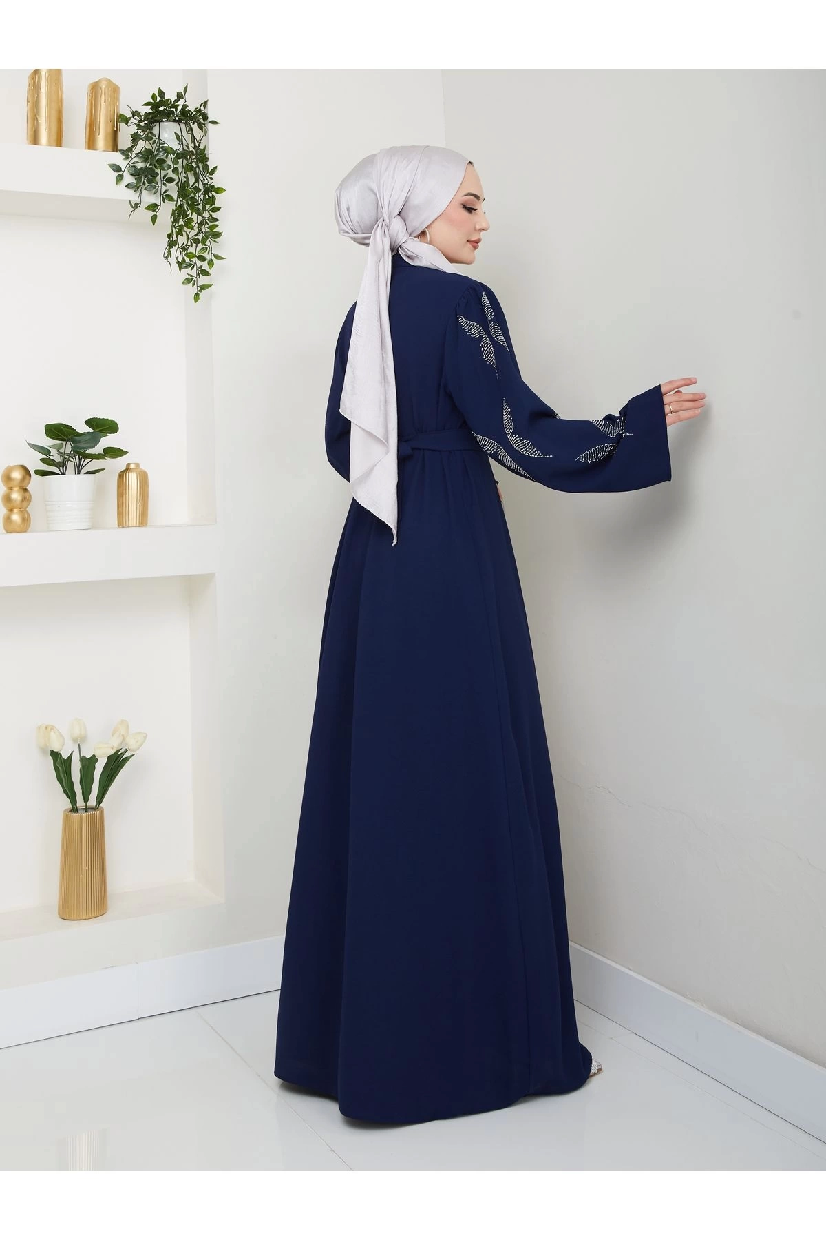 Taşli̇ Abaya Tesettür Giyim Kadin Ferace Elbise Laci̇vert