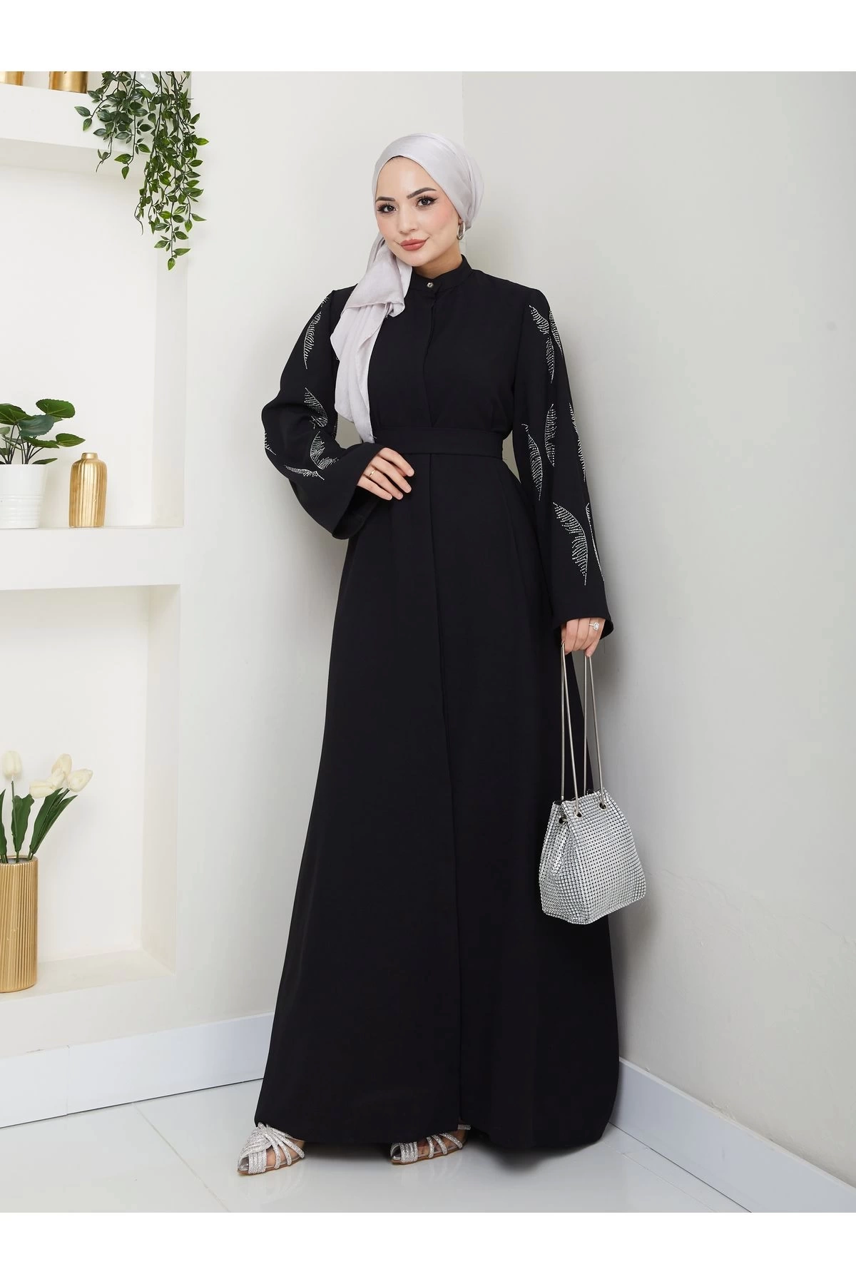 Taşli̇ Abaya Tesettür Giyim Kadin Ferace Elbise Si̇yah