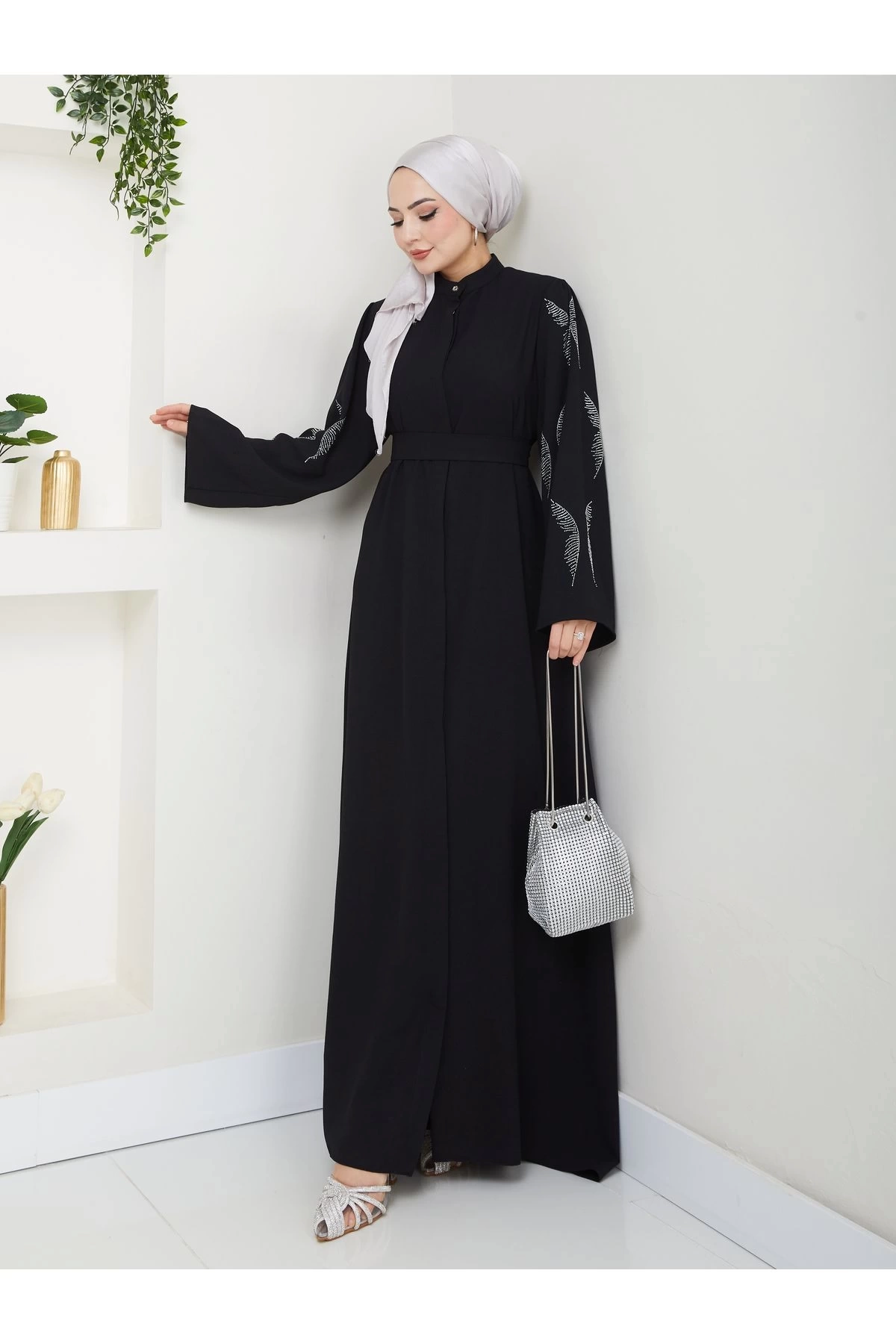 Taşli̇ Abaya Tesettür Giyim Kadin Ferace Elbise Si̇yah
