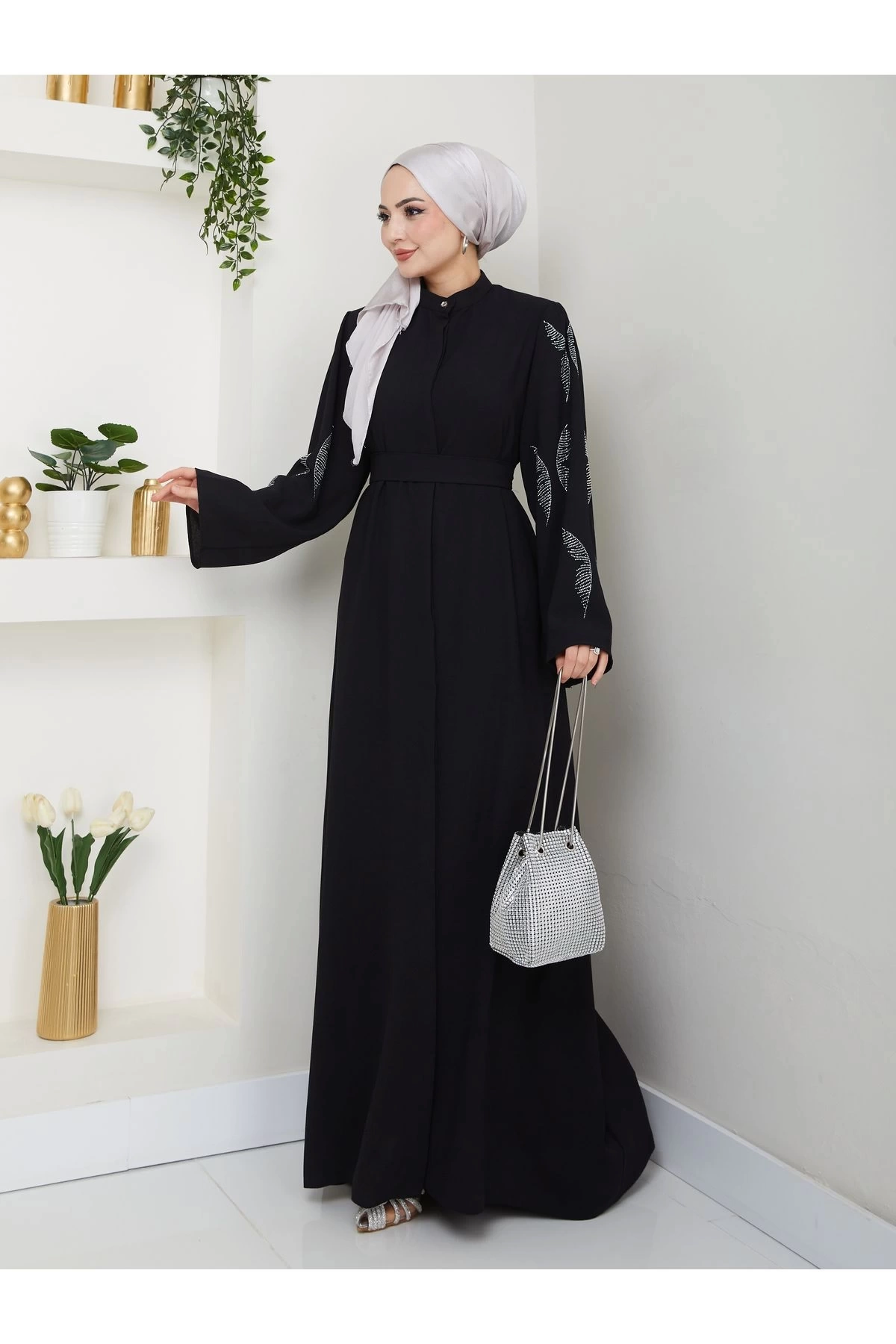 Taşli̇ Abaya Tesettür Giyim Kadin Ferace Elbise Si̇yah