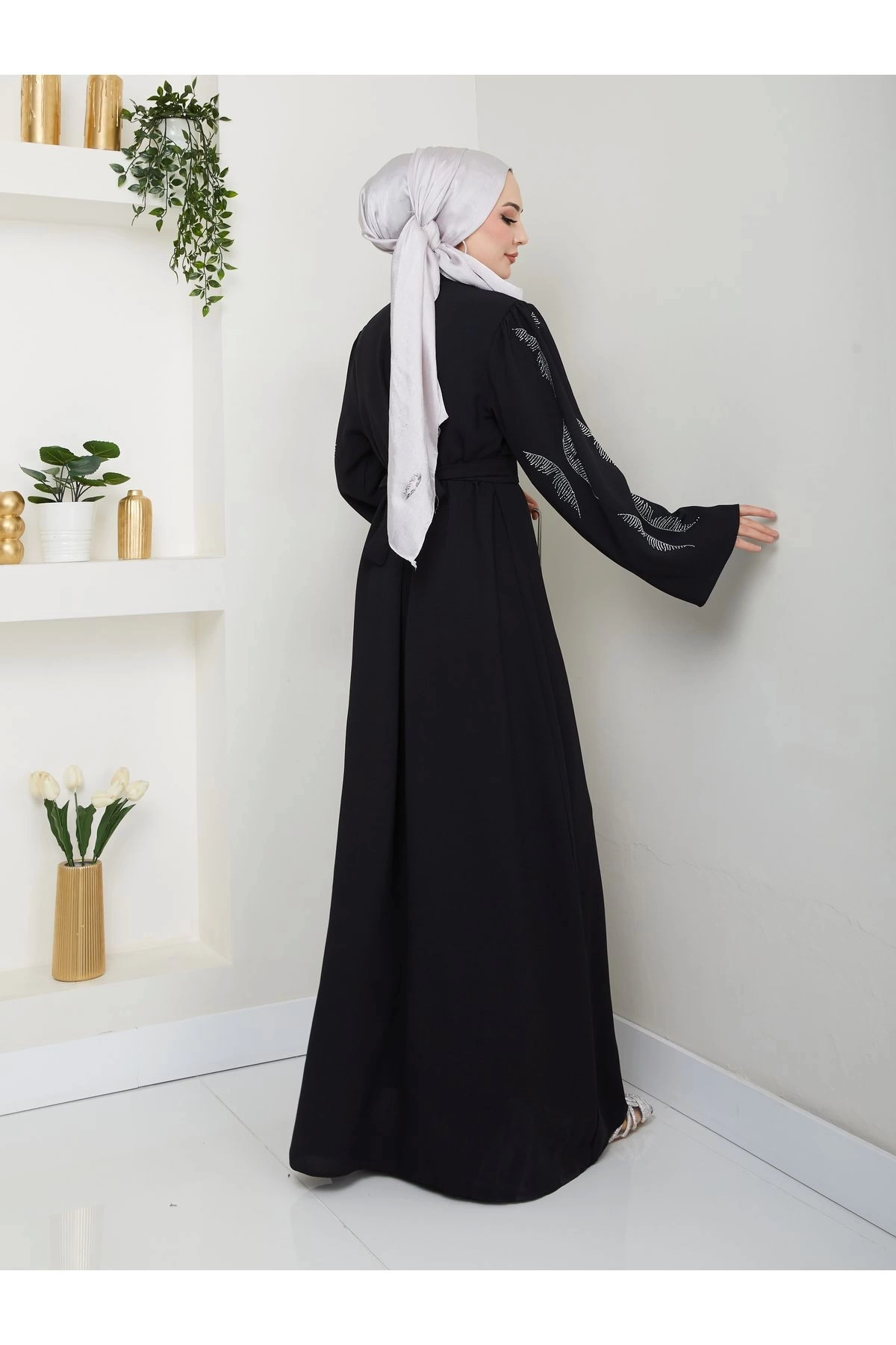 Taşli̇ Abaya Tesettür Giyim Kadin Ferace Elbise Si̇yah