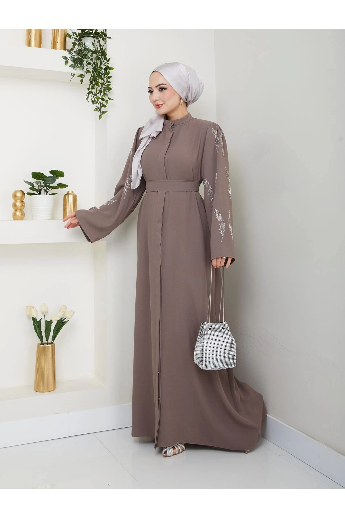 Taşli̇ Abaya Tesettür Giyim Kadin Ferace Elbise Vi̇zon