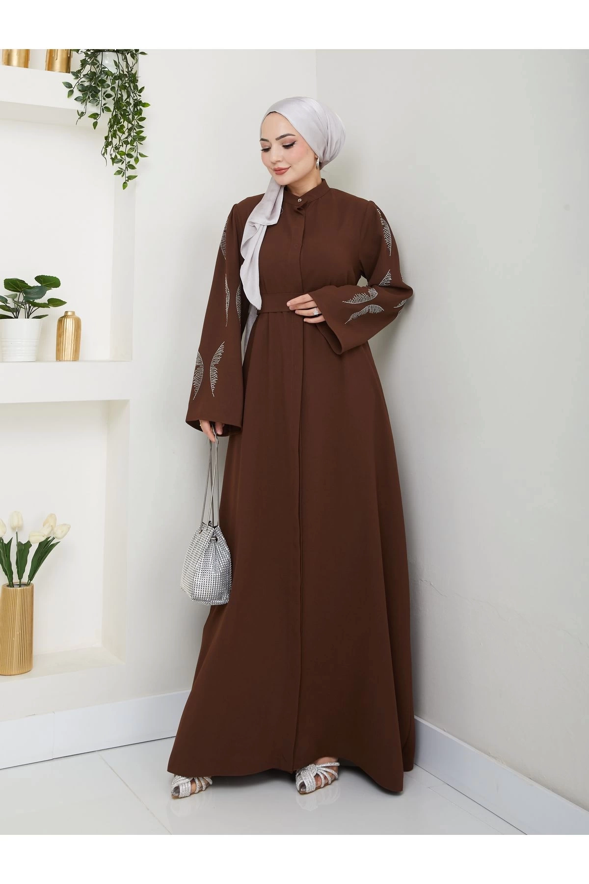 TAŞLİ ABAYA TESETTÜR GIYIM KADIN FERACE ELBISE KAHVE
