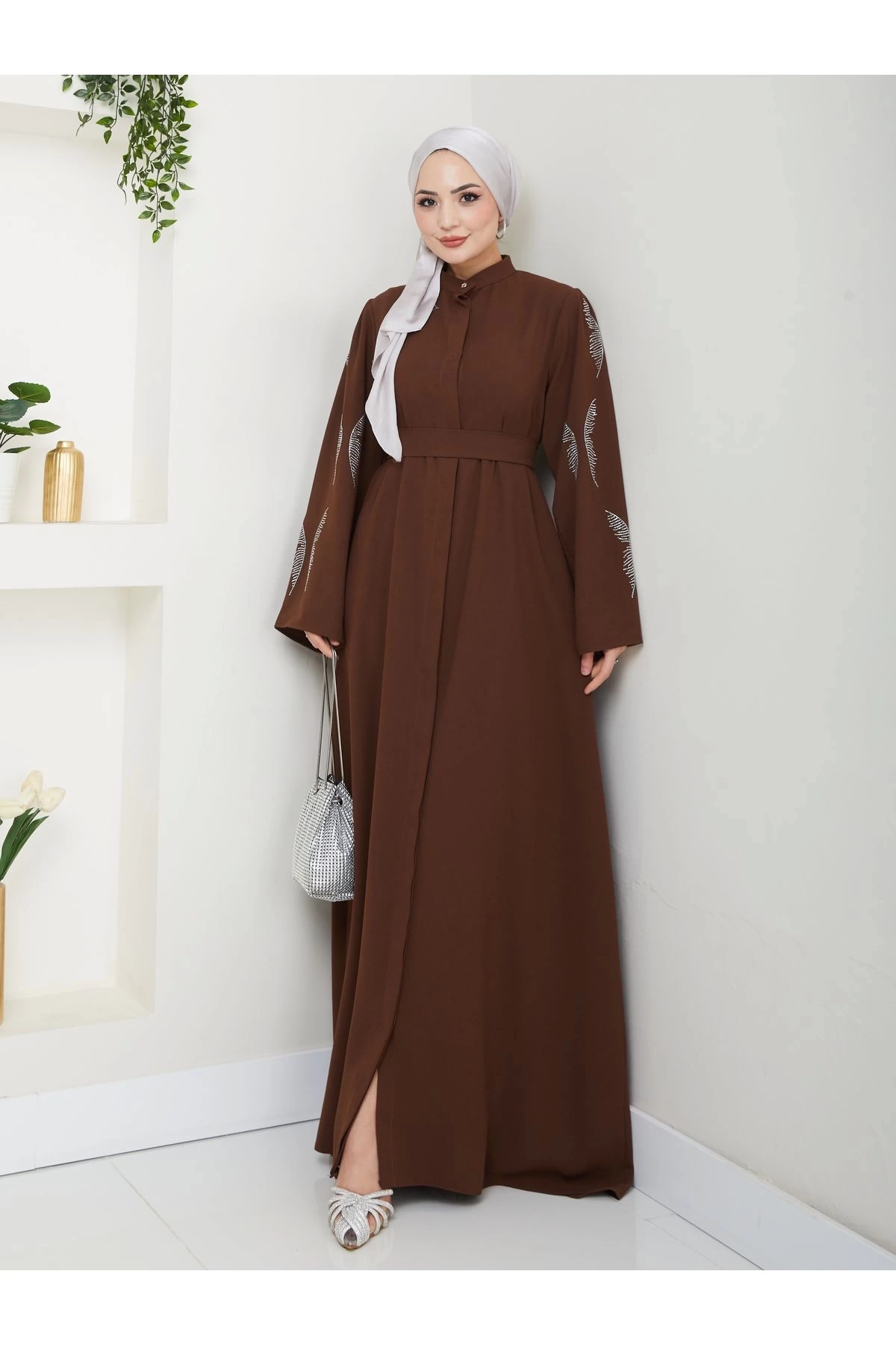 TAŞLİ ABAYA TESETTÜR GIYIM KADIN FERACE ELBISE KAHVE