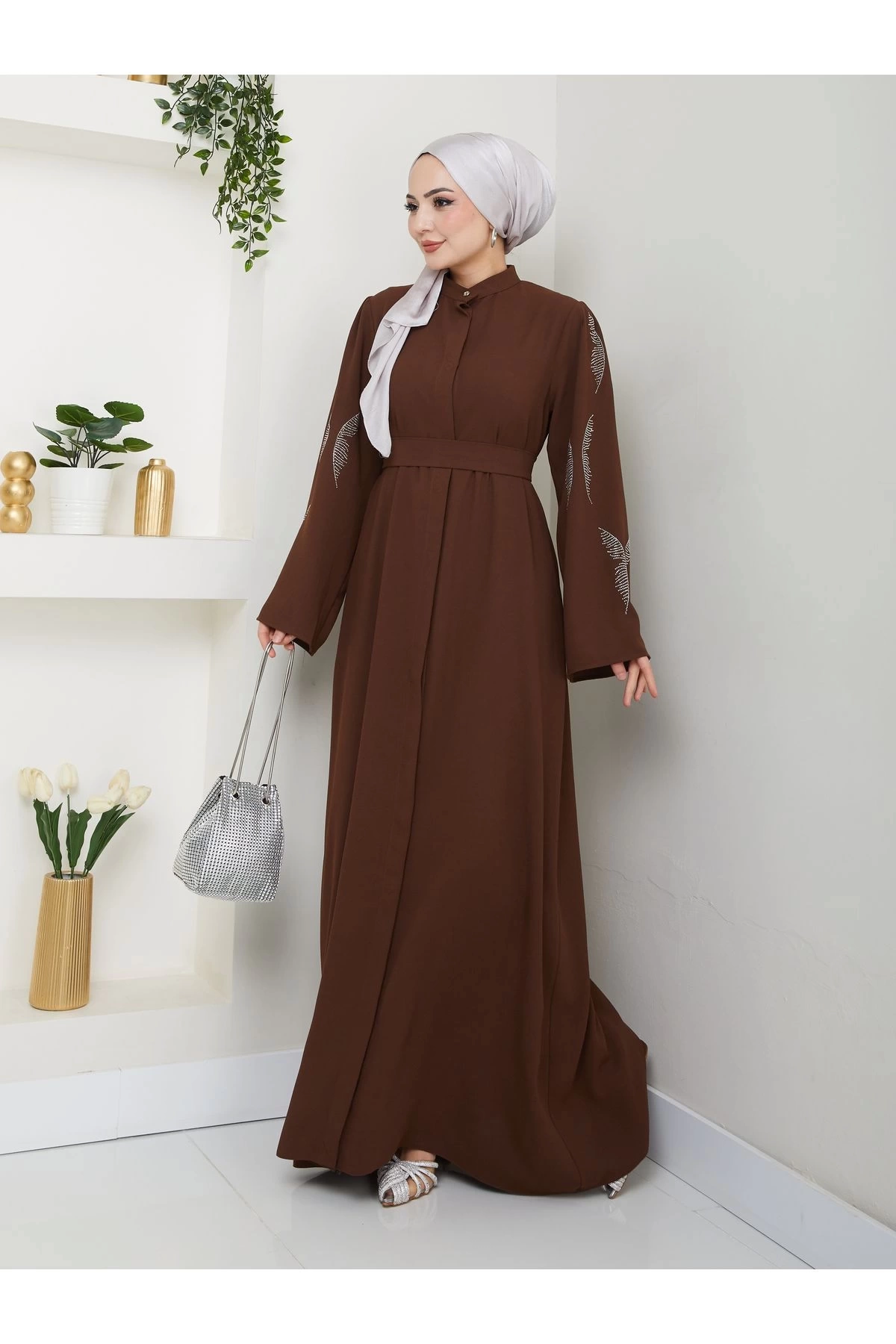 TAŞLİ ABAYA TESETTÜR GIYIM KADIN FERACE ELBISE KAHVE