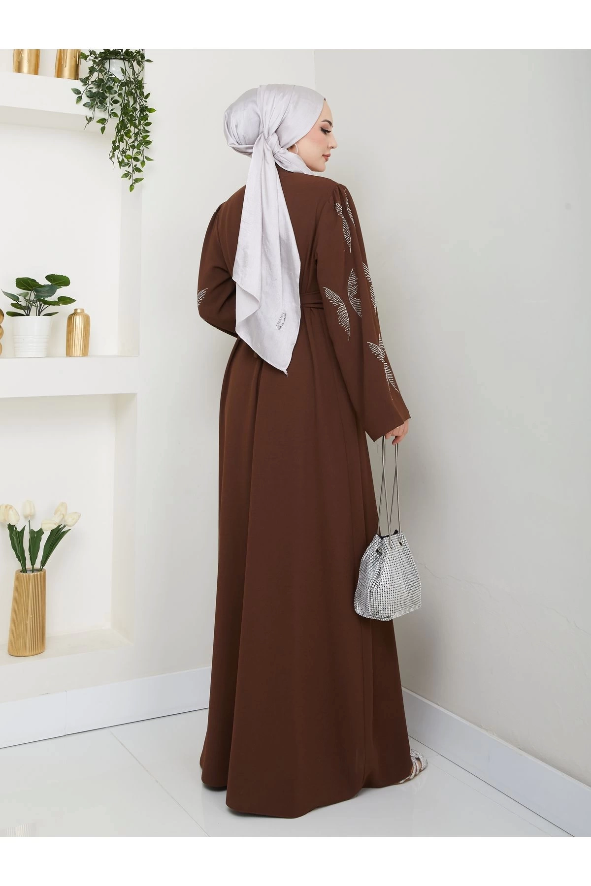 TAŞLİ ABAYA TESETTÜR GIYIM KADIN FERACE ELBISE KAHVE