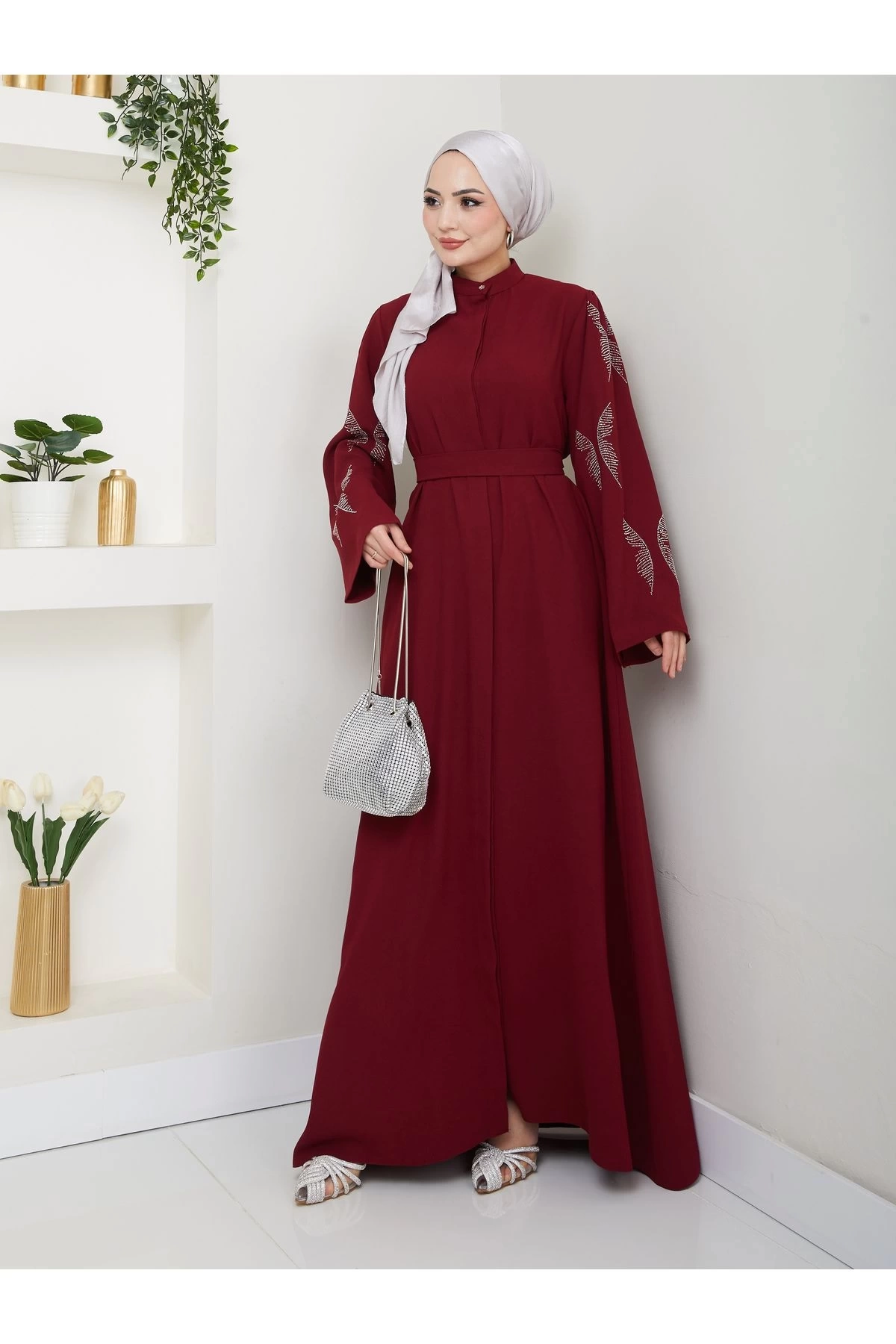 Taşli̇ Abaya Tesettür Giyim Kadin Ferace Elbise Bordo