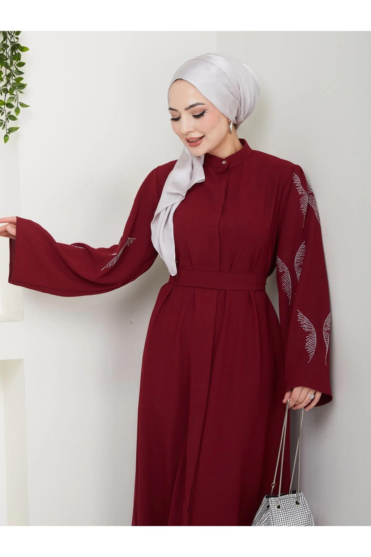 Taşli̇ Abaya Tesettür Giyim Kadin Ferace Elbise Bordo