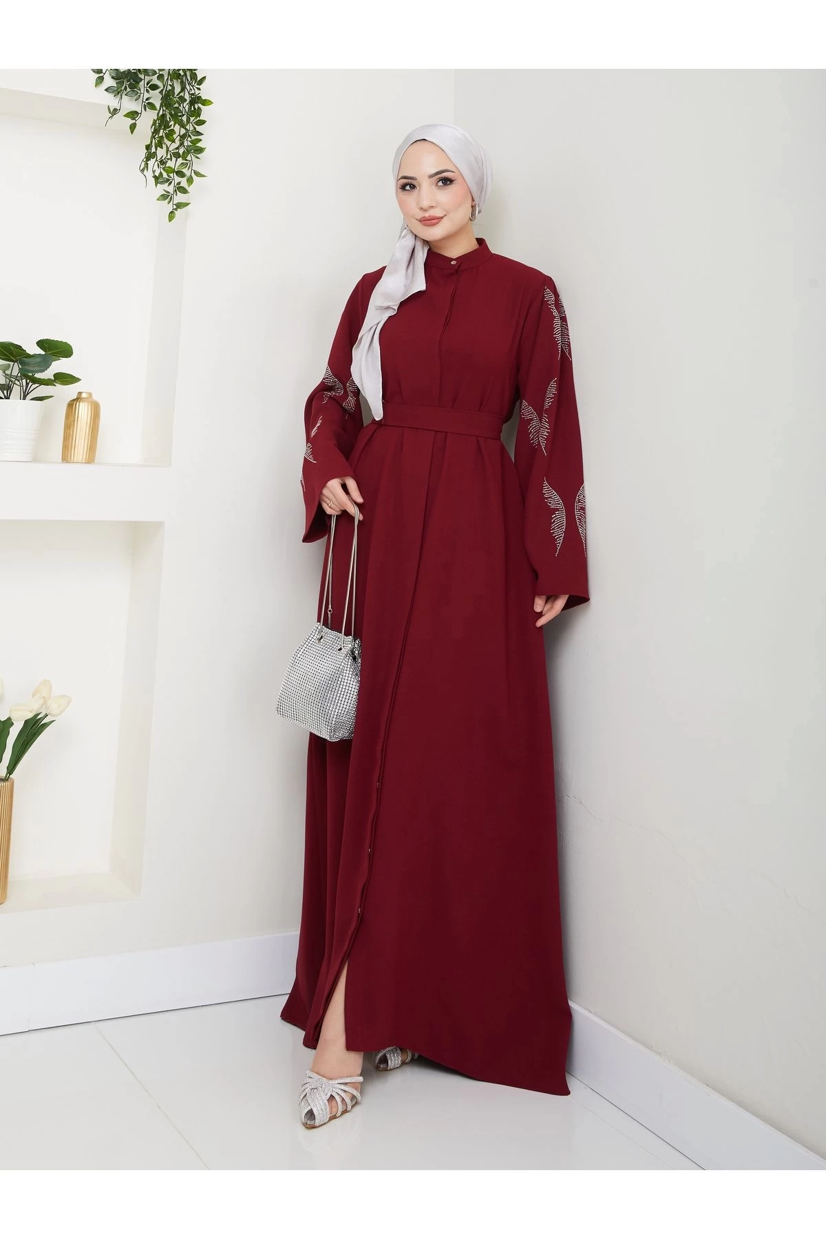 Taşli̇ Abaya Tesettür Giyim Kadin Ferace Elbise Bordo