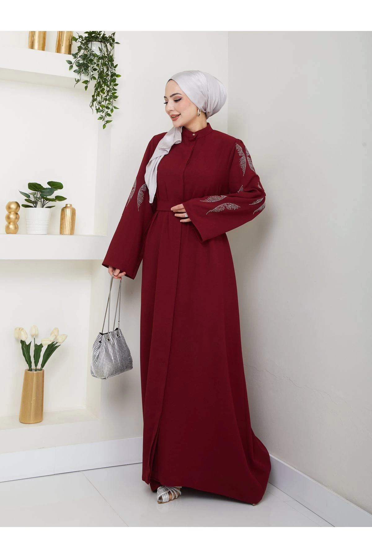 Taşli̇ Abaya Tesettür Giyim Kadin Ferace Elbise Bordo