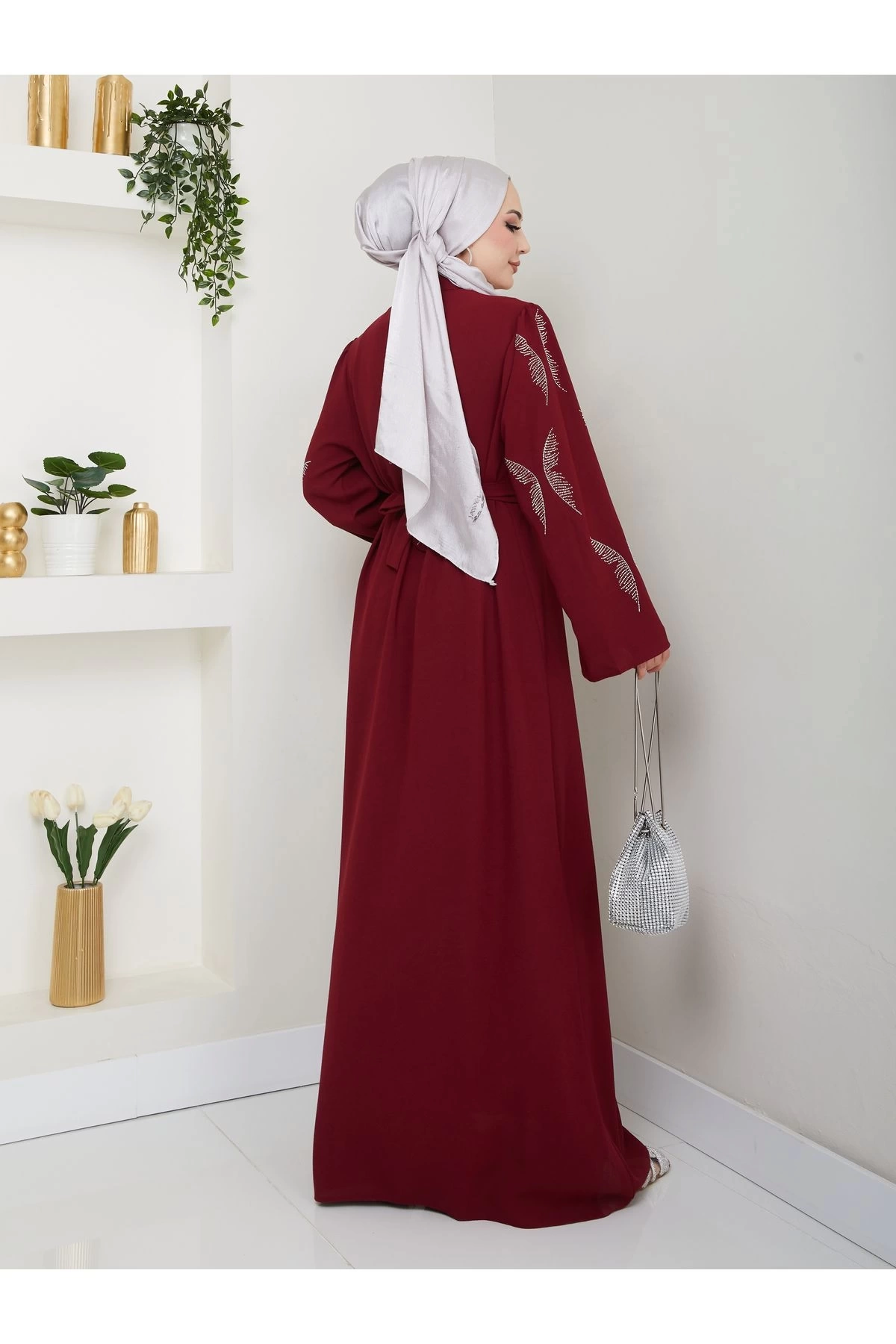 Taşli̇ Abaya Tesettür Giyim Kadin Ferace Elbise Bordo