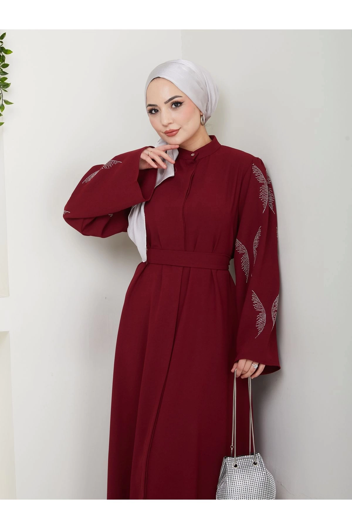 Taşli̇ Abaya Tesettür Giyim Kadin Ferace Elbise Bordo