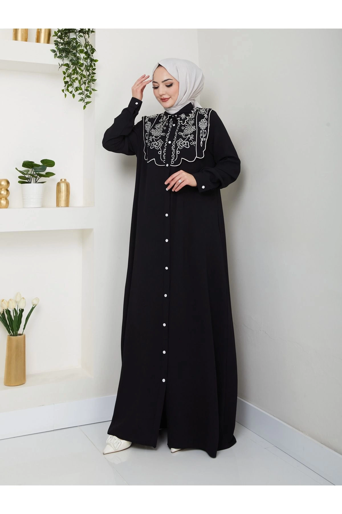 NAKIŞLI ABAYA TESETTÜR GIYIM KADIN FERACE ELBİSE 814 SİYAH