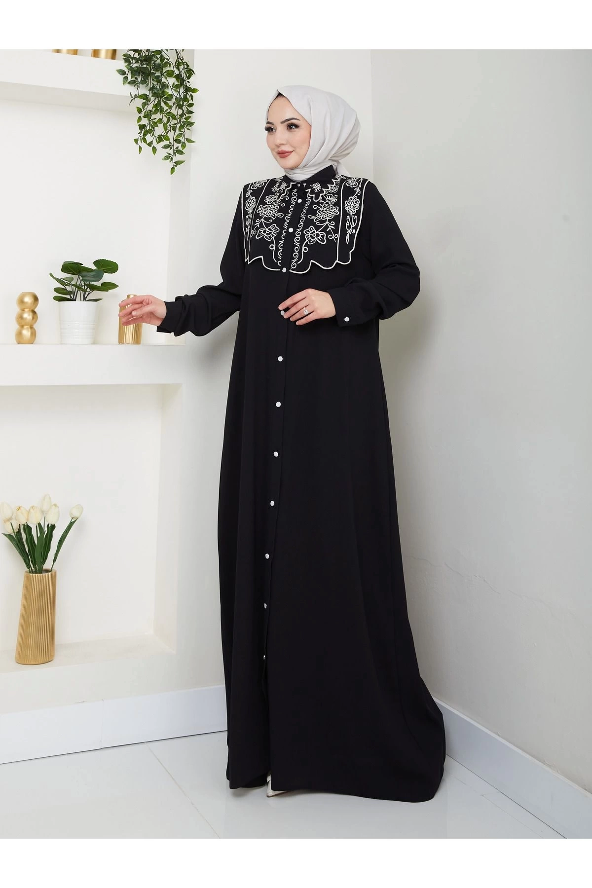 NAKIŞLI ABAYA TESETTÜR GIYIM KADIN FERACE ELBİSE 814 SİYAH