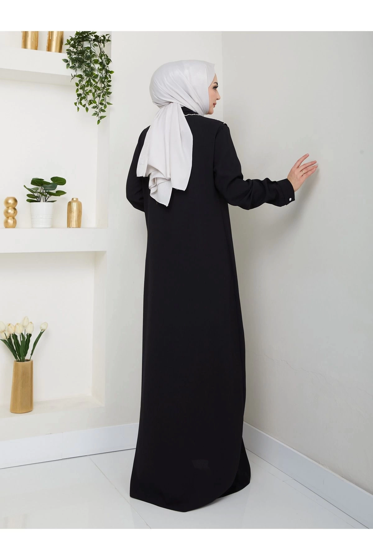 NAKIŞLI ABAYA TESETTÜR GIYIM KADIN FERACE ELBİSE 814 SİYAH